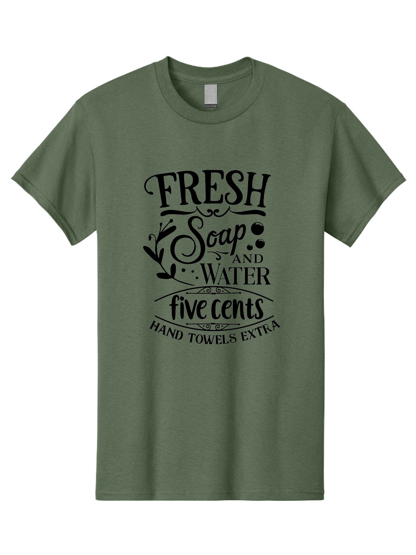 Fresh-Soap-And-Water Men'S Graphic Tee, 100% Cotton, Comfortable Casual Summer Wear, Machine Washable, Vintage Bathroom Decor, Soap And Water, Five Cents, Hand Towels Extra, Retro Style, Black And Green Color Scheme, Decorative Typography, Aac747 17