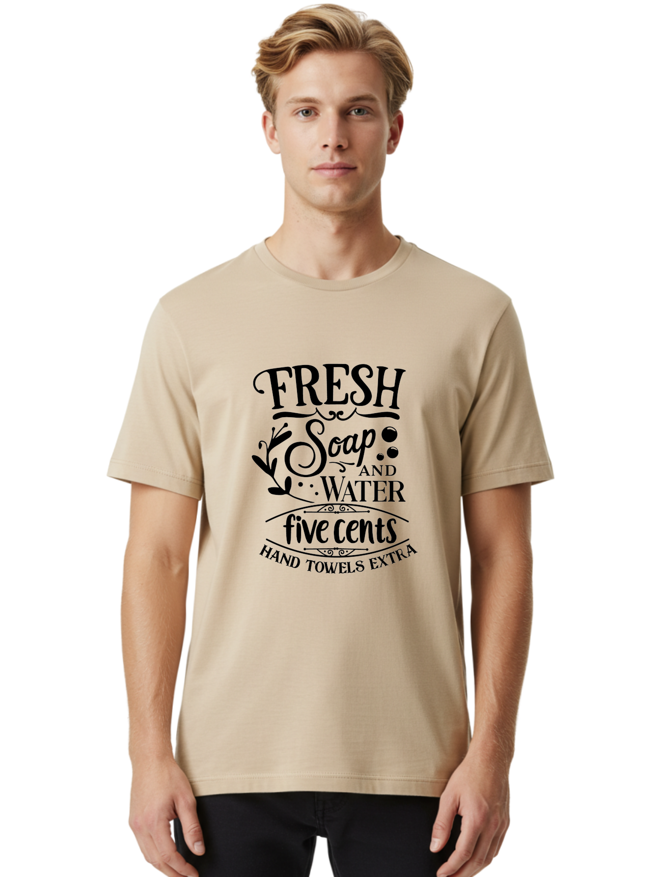 Fresh-Soap-And-Water Men'S Graphic Tee, 100% Cotton, Comfortable Casual Summer Wear, Machine Washable, Vintage Bathroom Decor, Soap And Water, Five Cents, Hand Towels Extra, Retro Style, Black And Green Color Scheme, Decorative Typography, Aac747 14