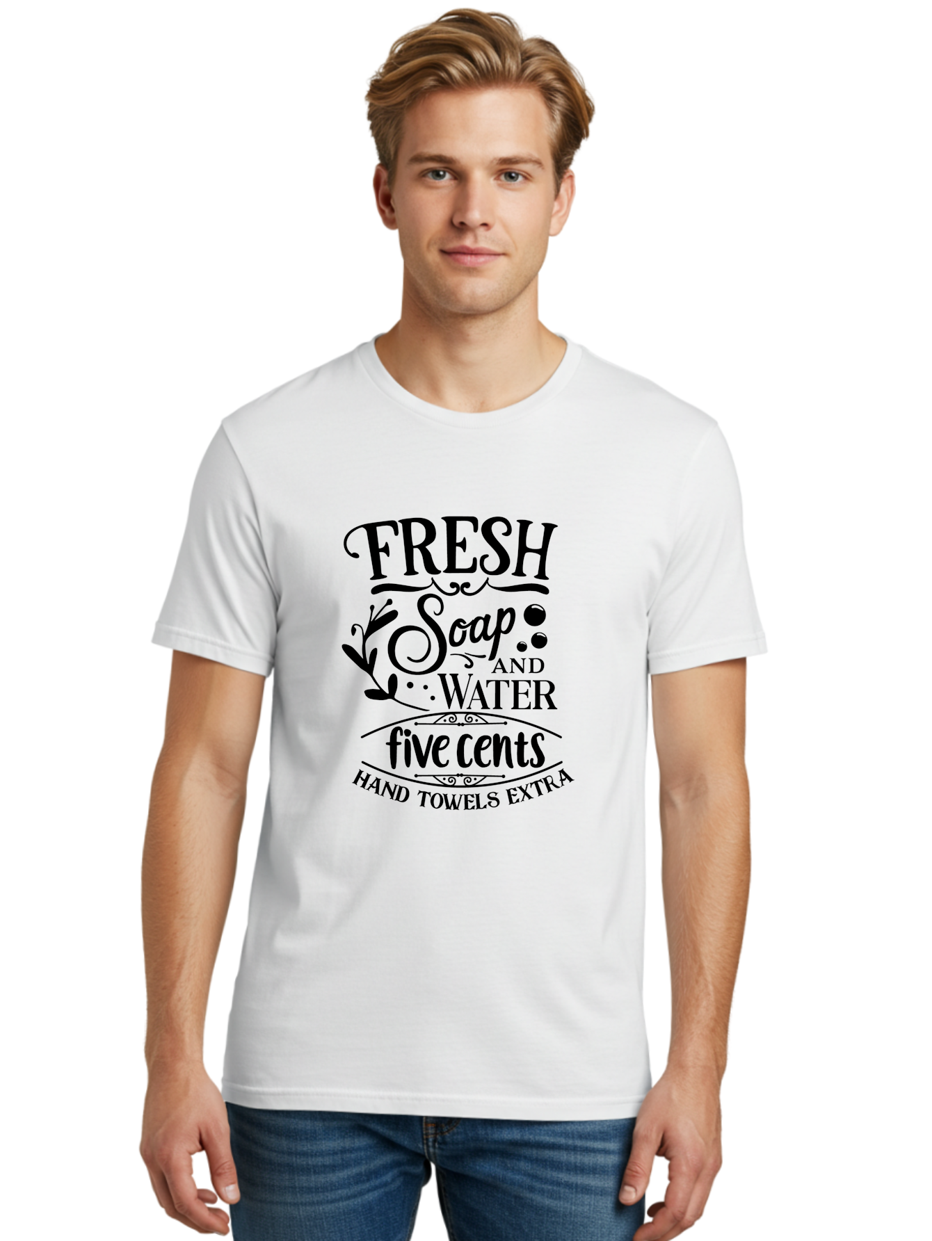 Fresh-Soap-And-Water Men'S Graphic Tee, 100% Cotton, Comfortable Casual Summer Wear, Machine Washable, Vintage Bathroom Decor, Soap And Water, Five Cents, Hand Towels Extra, Retro Style, Black And Green Color Scheme, Decorative Typography, Aac747 2