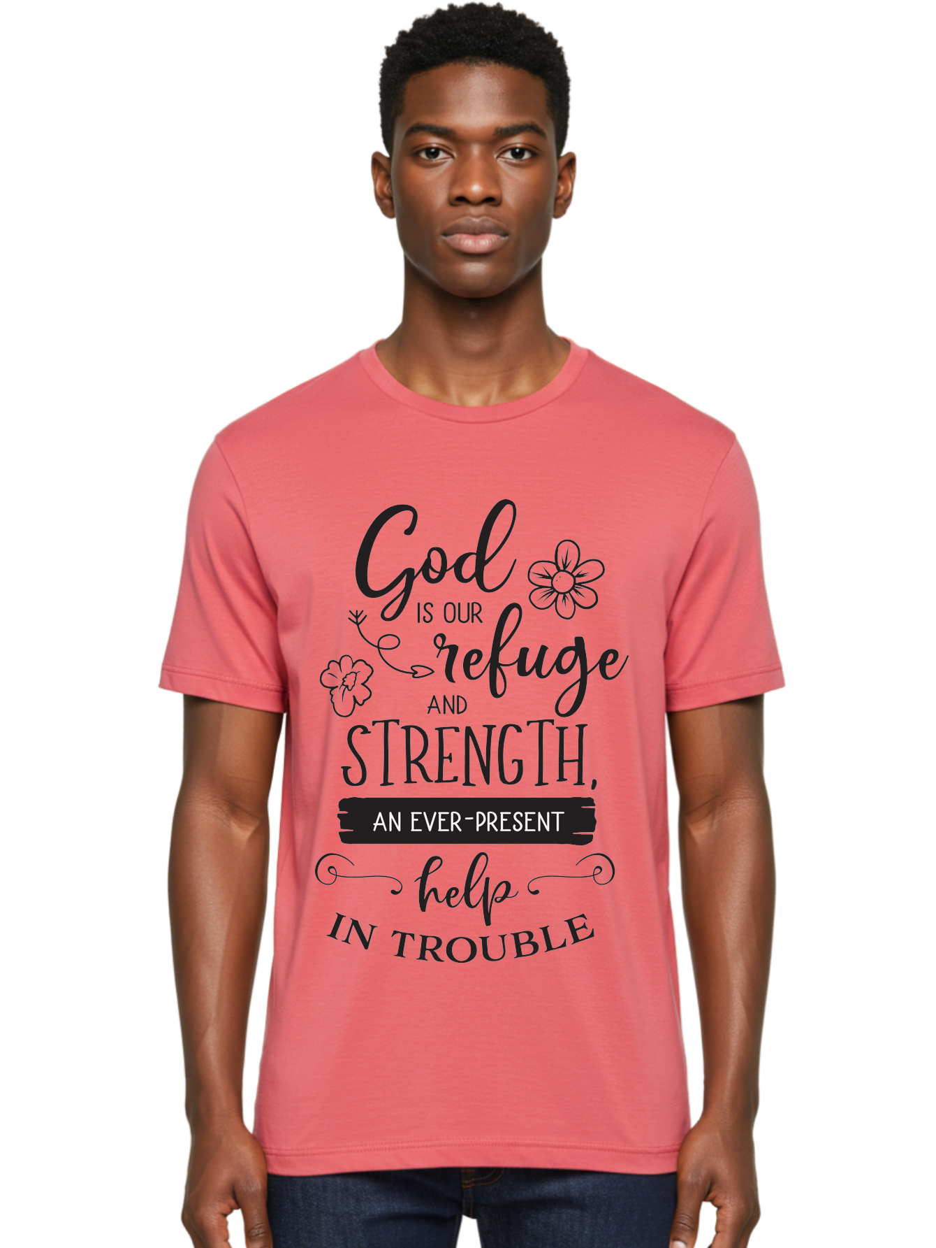 God-Is-Our-Refuge Men'S Graphic Tee, 100% Cotton, Comfortable Casual Summer Wear, Machine Washable, Inspirational Quote, Bible Verse, Motivational Words, Faith And Spirituality, Trust In God, Strength In Trouble, Refuge And Help, Aac765 14