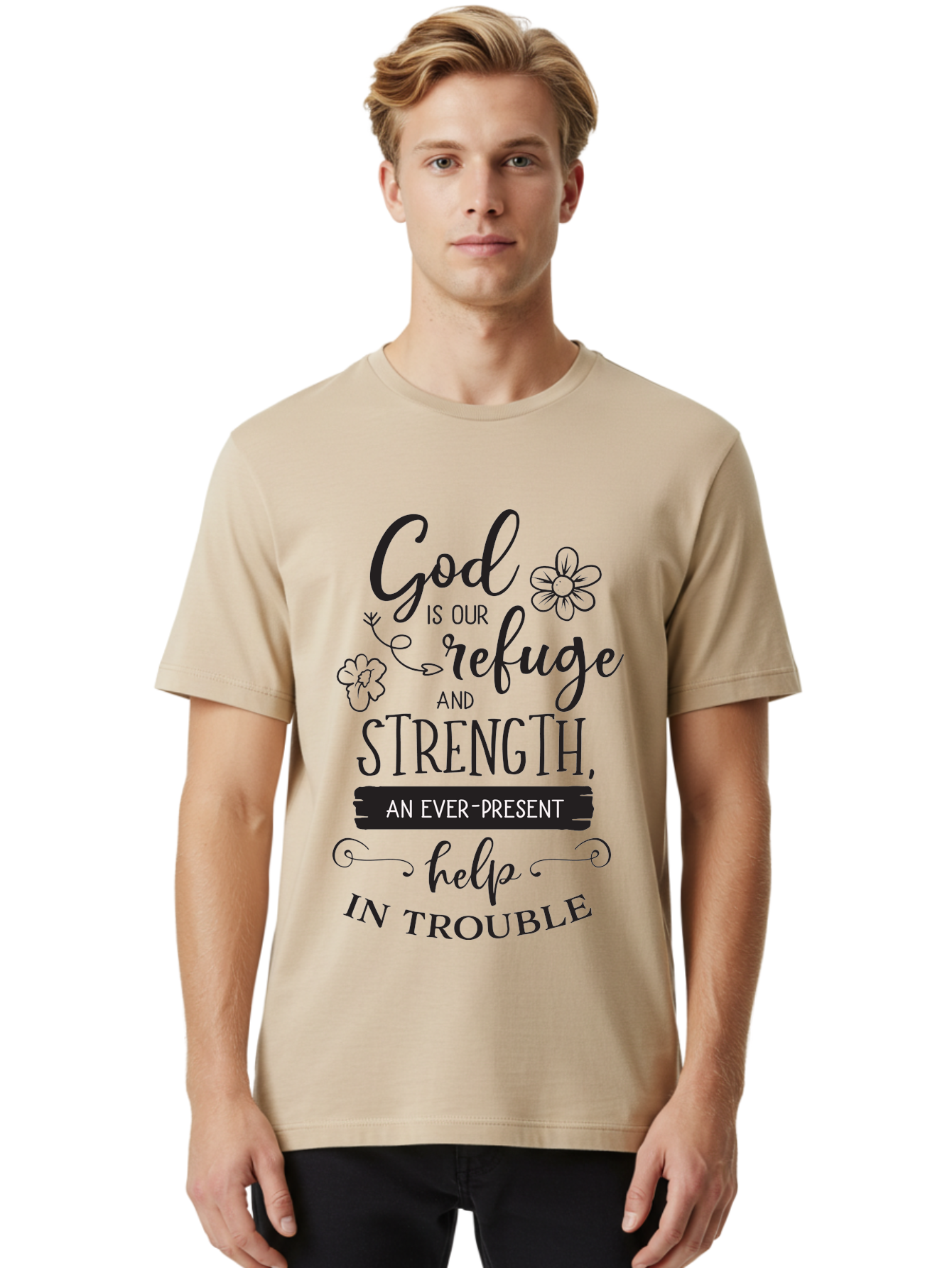 God-Is-Our-Refuge Men'S Graphic Tee, 100% Cotton, Comfortable Casual Summer Wear, Machine Washable, Inspirational Quote, Bible Verse, Motivational Words, Faith And Spirituality, Trust In God, Strength In Trouble, Refuge And Help, Aac765 28