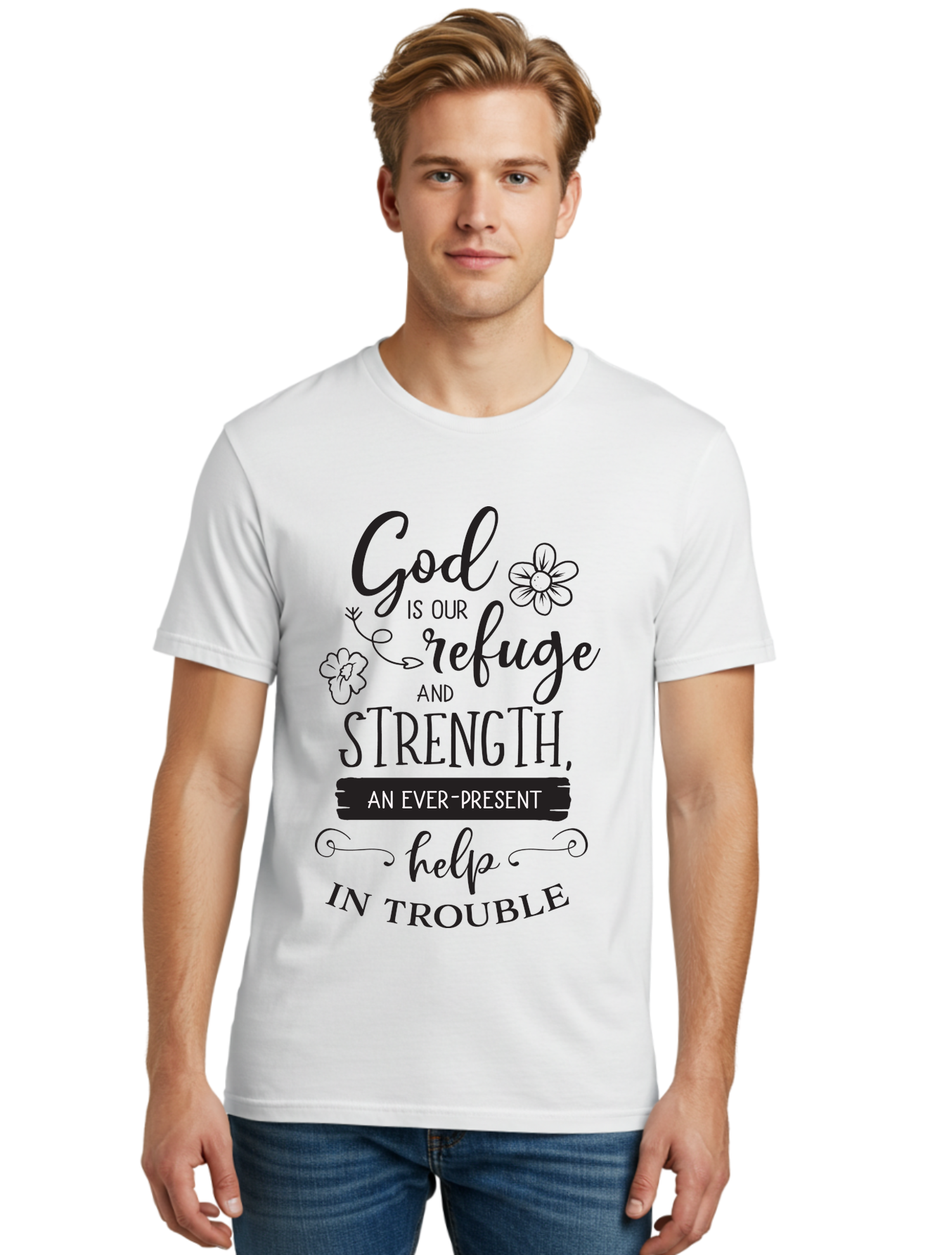 God-Is-Our-Refuge Men'S Graphic Tee, 100% Cotton, Comfortable Casual Summer Wear, Machine Washable, Inspirational Quote, Bible Verse, Motivational Words, Faith And Spirituality, Trust In God, Strength In Trouble, Refuge And Help, Aac765 20