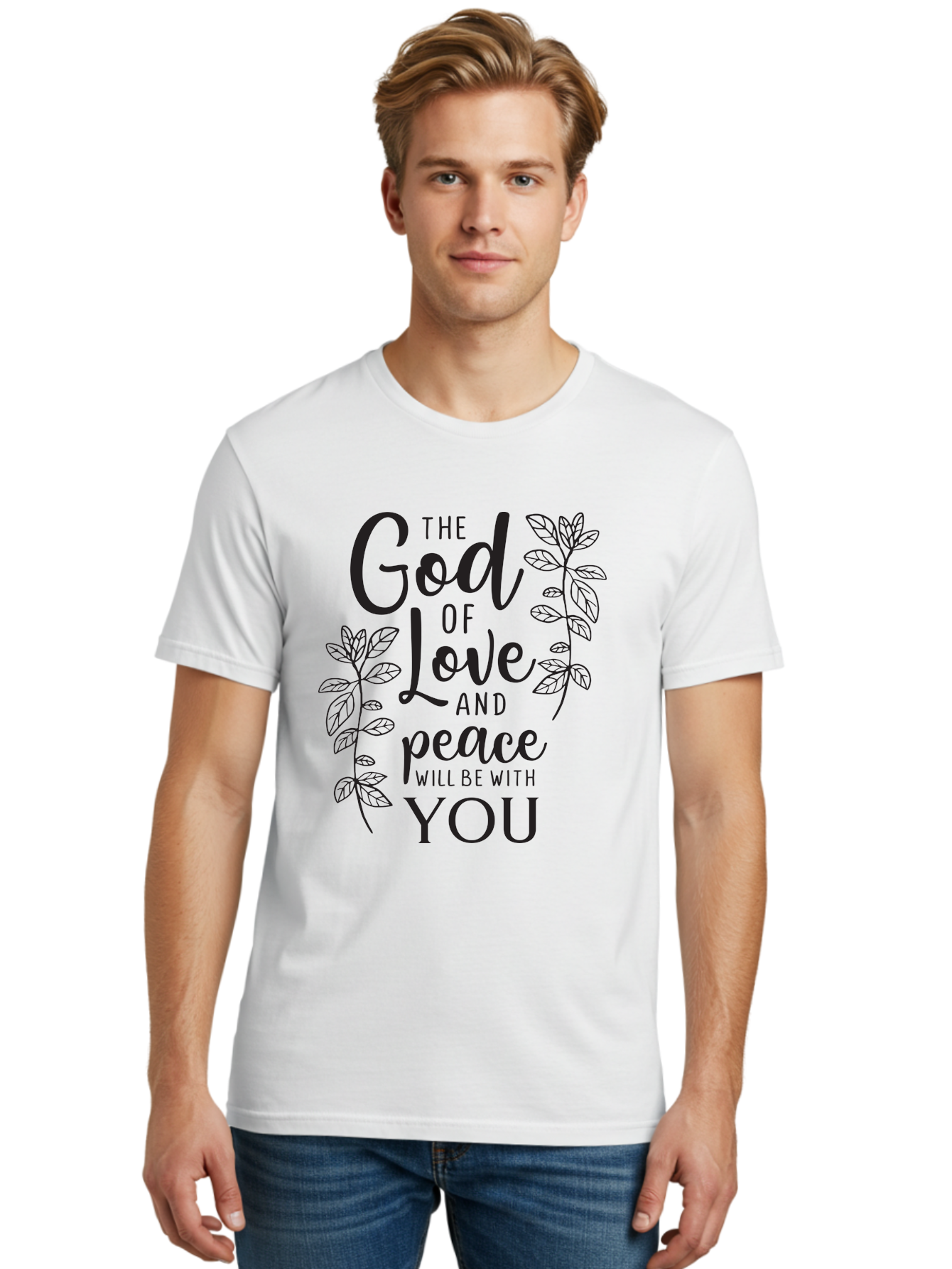 God-Of-Love-And-Peace Men'S Graphic Tee, 100% Cotton, Comfortable Casual Summer Wear, Machine Washable, Inspirational Quote, God Of Love And Peace, Uplifting Message, Positive Affirmation, Leafy Design, Black Typography, Spiritual Words, Aac766 22