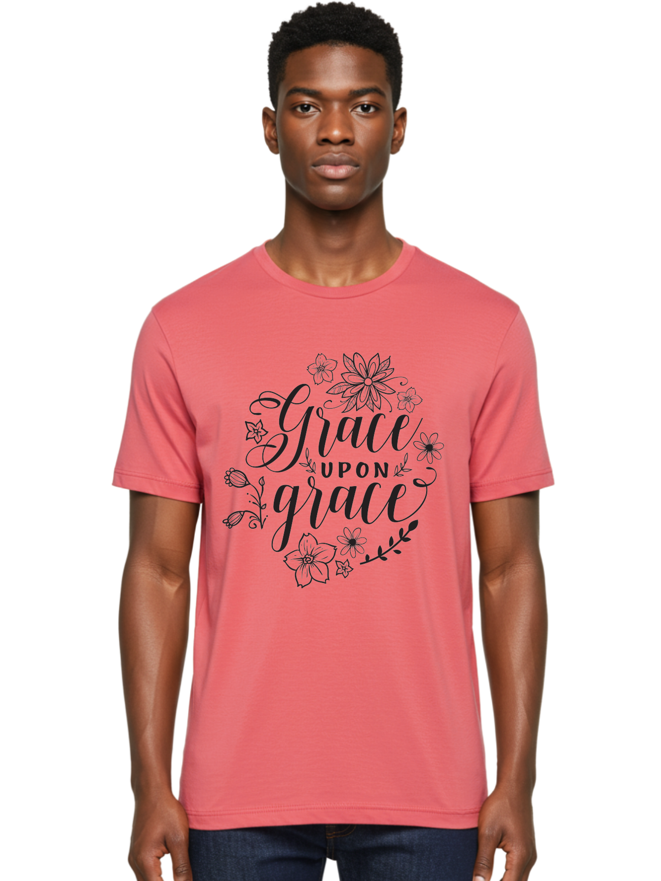 Grace-Upon-Grace Men'S Graphic Tee, 100% Cotton, Comfortable Casual Summer Wear, Machine Washable, Inspirational Quote, Floral Wreath, Black Typography, Divine Love, Spiritual Growth, Faith-Based, Motivational Words, Elegant Design, Aac774 30