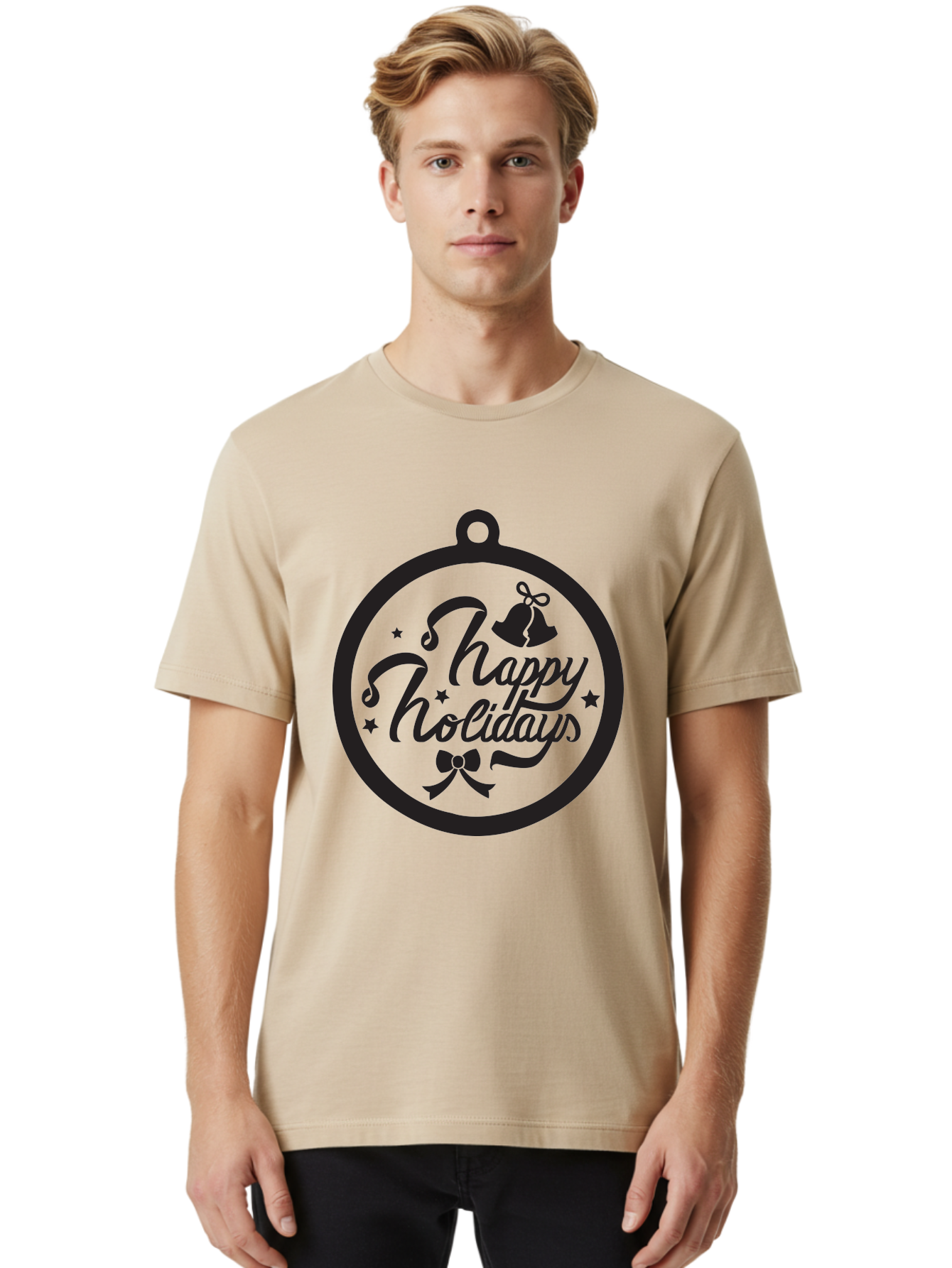 Happy-Holidays Men'S Graphic Tee, 100% Cotton, Comfortable Casual Summer Wear, Machine Washable, Happy Holidays, Christmas Ornament, Holiday Greeting, Festive Decoration, Black Silhouette, Bells And Bow, Stars, Holiday Cheer, Christmas Gift, Aac798 26