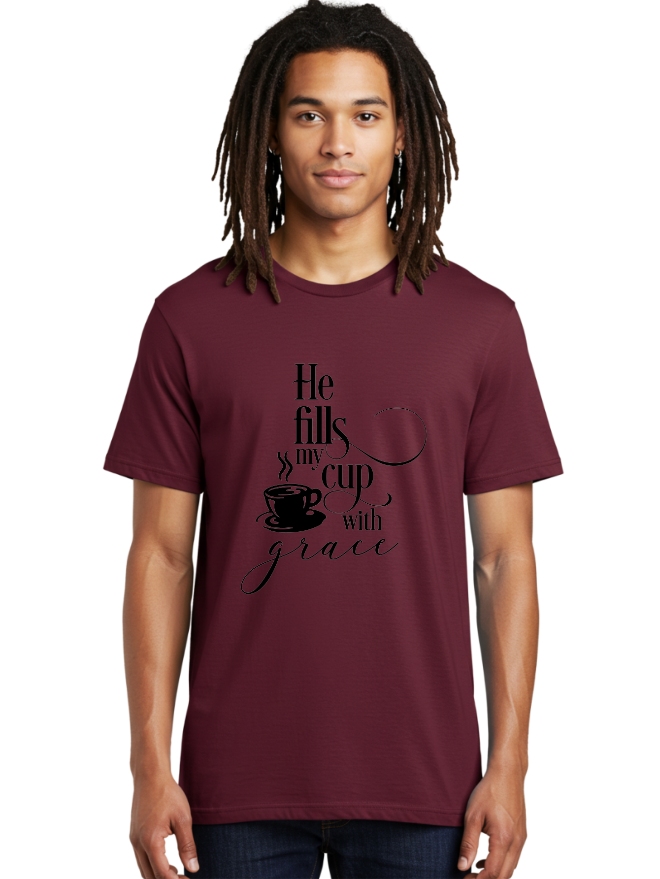 He-Fills-My-Cup-With-Grace Men'S Graphic Tee, 100% Cotton, Comfortable Casual Summer Wear, Machine Washable, Inspirational Quote, Coffee Cup, Steaming Hot, Morning Motivation, Faith-Based Design, Coffee Break, Motivational Words, Aac802 14