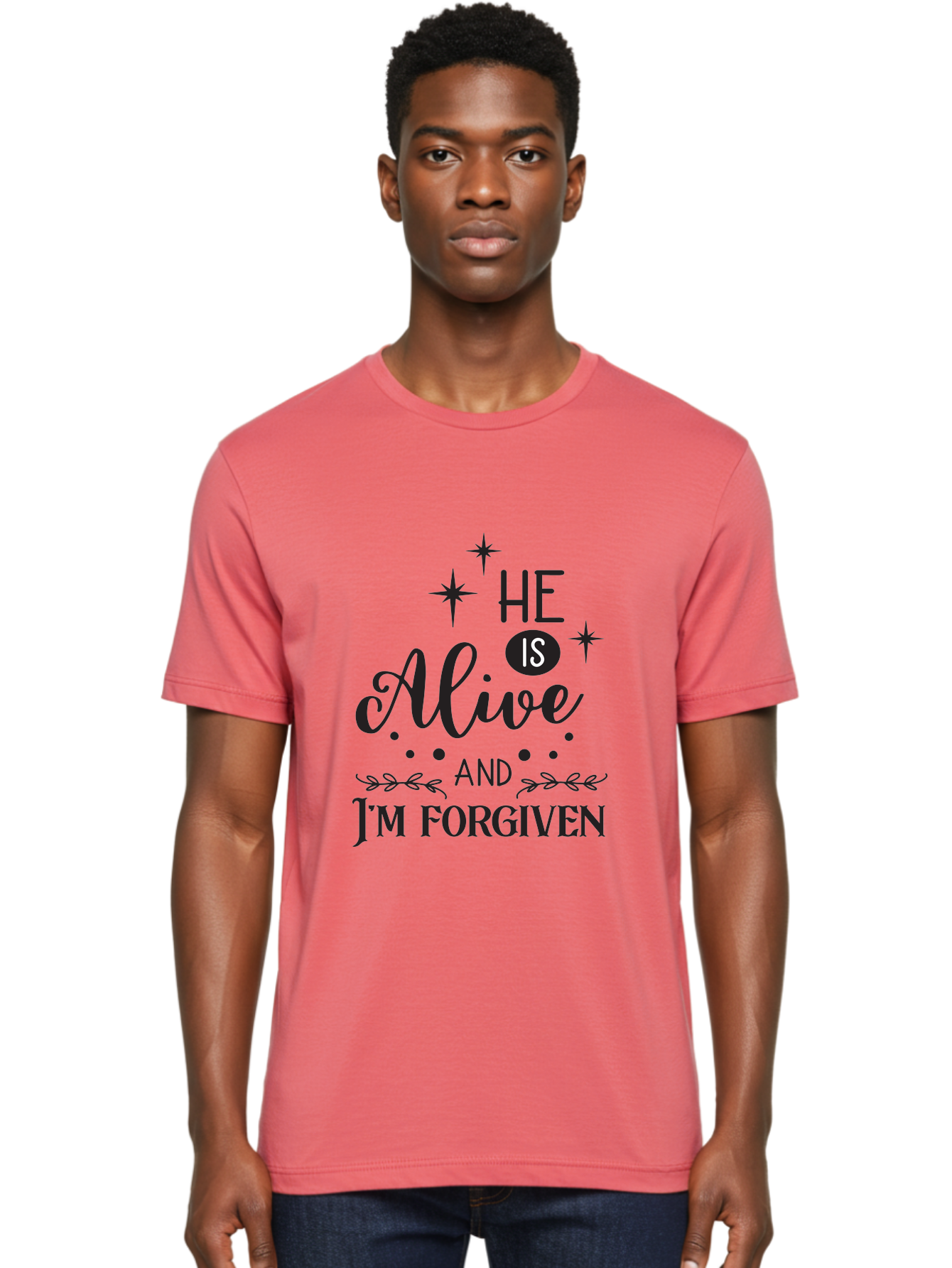 He-Is-Alive-And-I-M-Forgiven Men'S Graphic Tee, 100% Cotton, Comfortable Casual Summer Wear, Machine Washable, Inspirational Quote, Christian Message, Faith And Spirituality, Religious Text, Forgiveness And Salvation, Motivational Words, Aac805 24