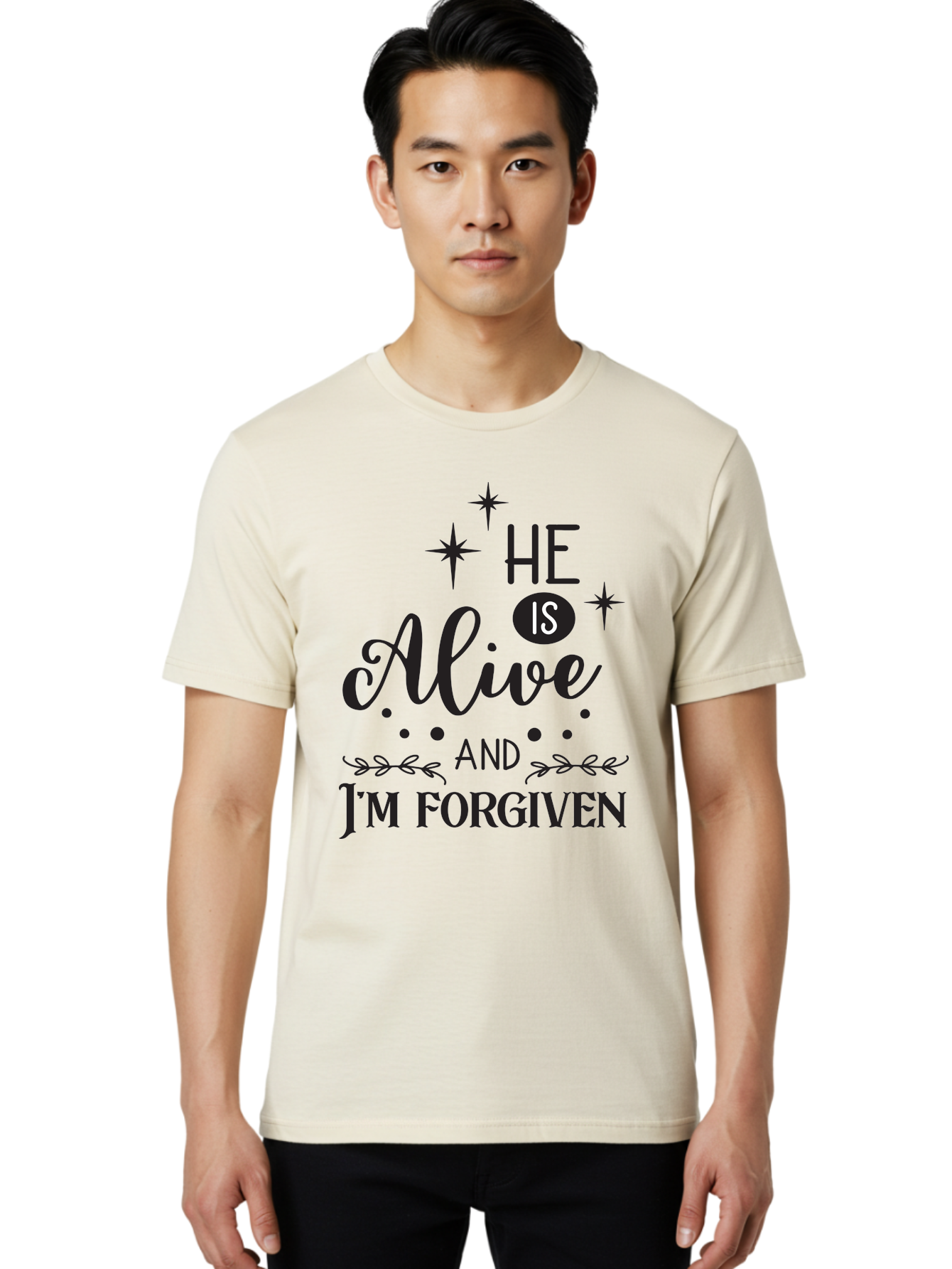 He-Is-Alive-And-I-M-Forgiven Men'S Graphic Tee, 100% Cotton, Comfortable Casual Summer Wear, Machine Washable, Inspirational Quote, Christian Message, Faith And Spirituality, Religious Text, Forgiveness And Salvation, Motivational Words, Aac805 2