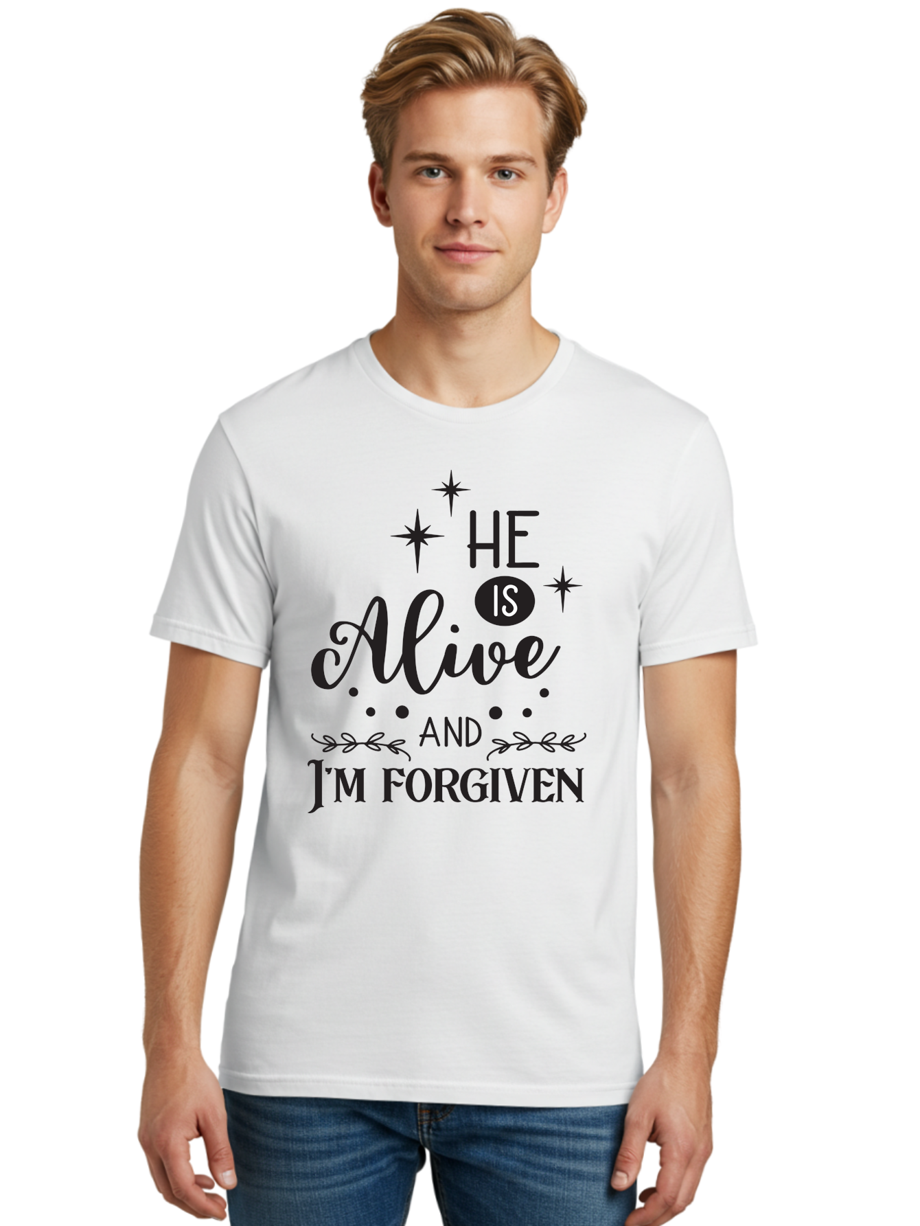 He-Is-Alive-And-I-M-Forgiven Men'S Graphic Tee, 100% Cotton, Comfortable Casual Summer Wear, Machine Washable, Inspirational Quote, Christian Message, Faith And Spirituality, Religious Text, Forgiveness And Salvation, Motivational Words, Aac805 6