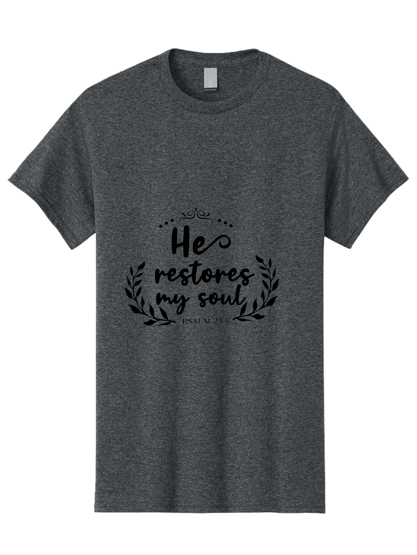 He-Restores-My-Soul Men'S Graphic Tee, 100% Cotton, Comfortable Casual Summer Wear, Machine Washable, Inspirational Quote, Psalm 23:3, Spiritual Message, Faith-Based Design, Motivational Quote, Biblical Verse, Soul Restoration, Leaves Wreath, Aac806 21