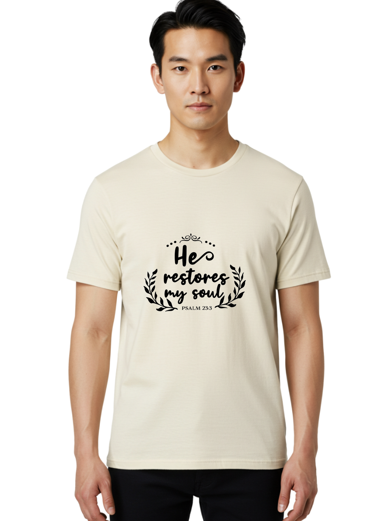 He-Restores-My-Soul Men'S Graphic Tee, 100% Cotton, Comfortable Casual Summer Wear, Machine Washable, Inspirational Quote, Psalm 23:3, Spiritual Message, Faith-Based Design, Motivational Quote, Biblical Verse, Soul Restoration, Leaves Wreath, Aac806 10