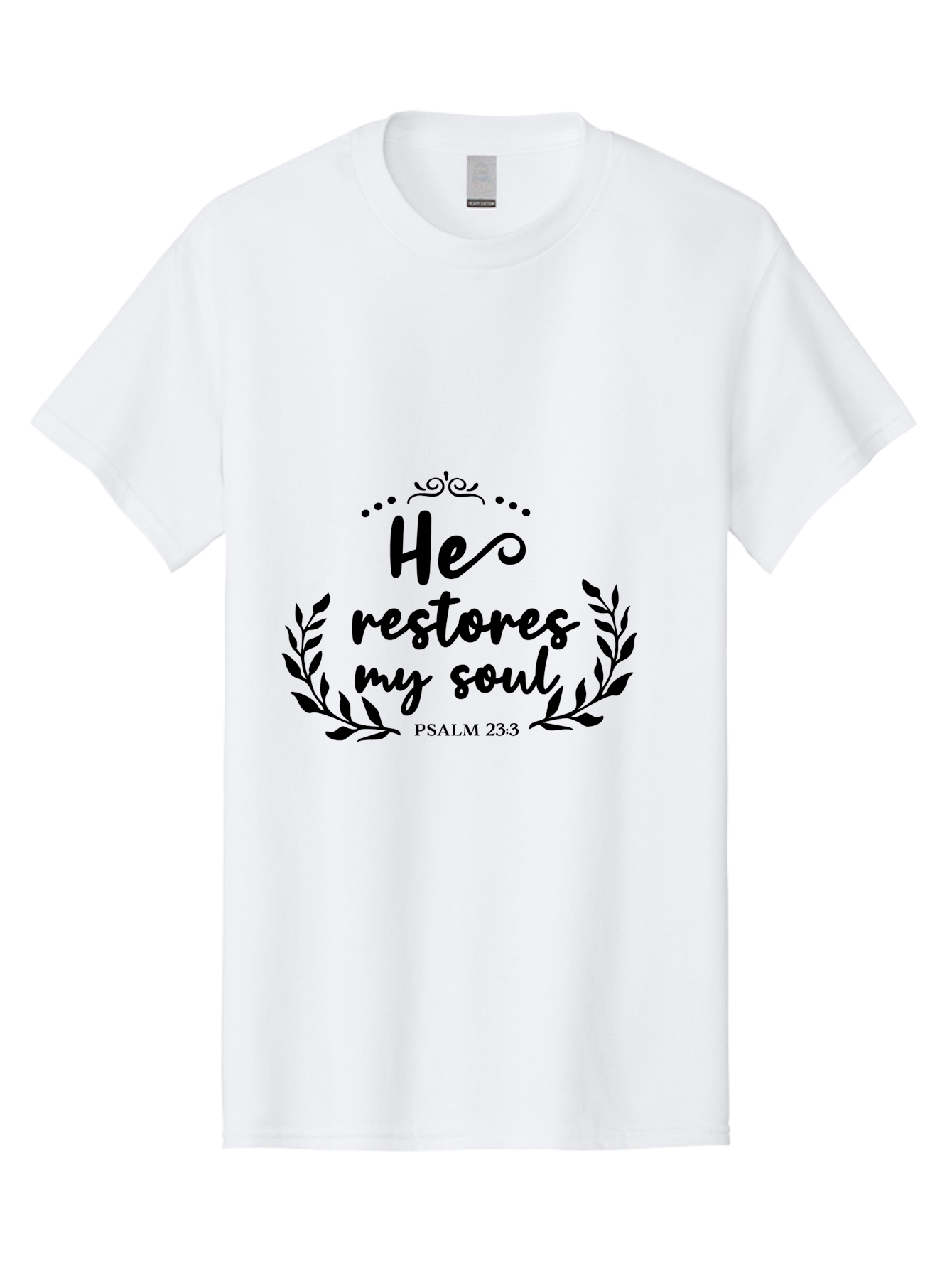 He-Restores-My-Soul Men'S Graphic Tee, 100% Cotton, Comfortable Casual Summer Wear, Machine Washable, Inspirational Quote, Psalm 23:3, Spiritual Message, Faith-Based Design, Motivational Quote, Biblical Verse, Soul Restoration, Leaves Wreath, Aac806 11