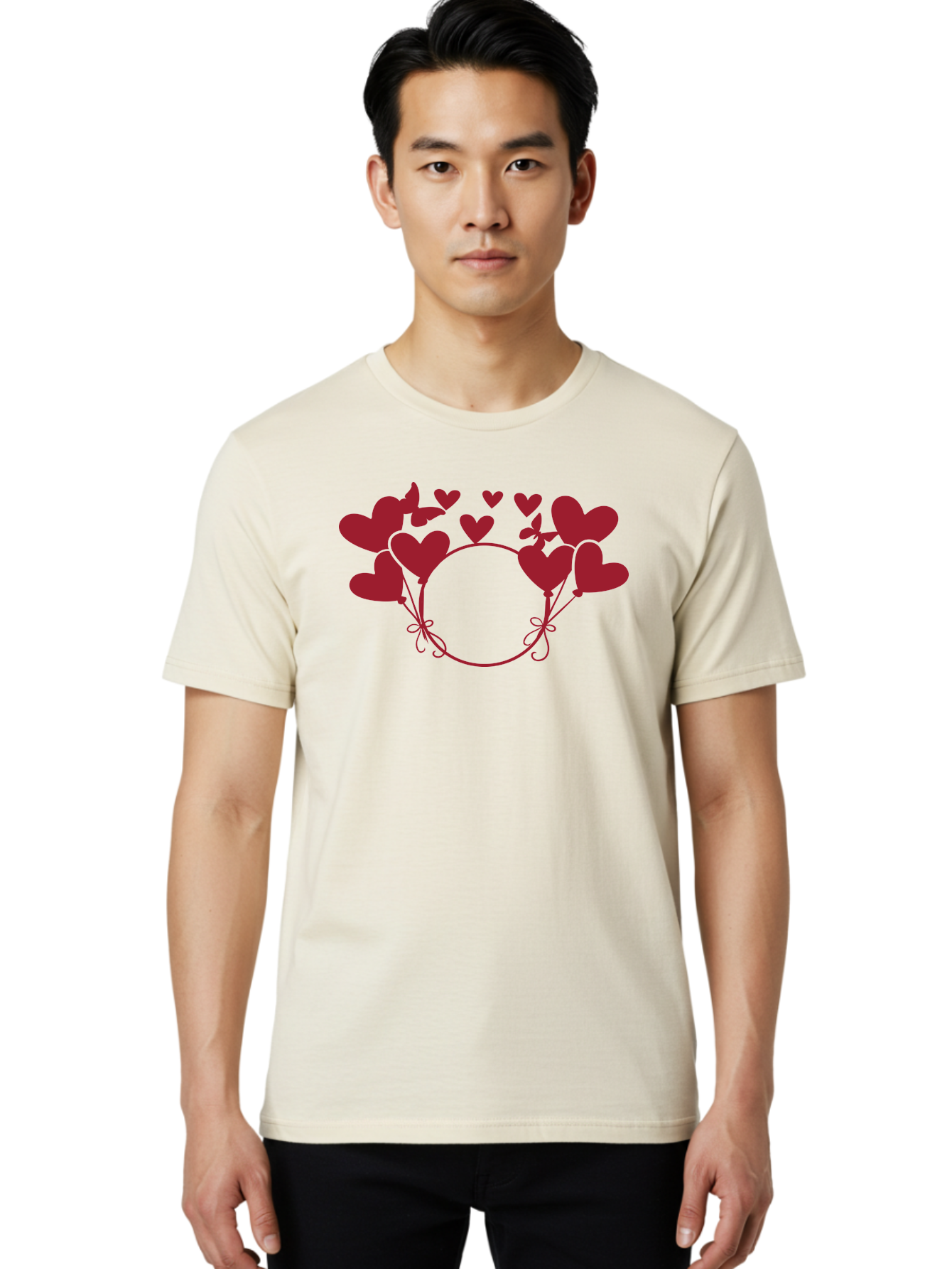 Heart-Wreath Men'S Graphic Tee, 100% Cotton, Comfortable Casual Summer Wear, Machine Washable, Heart-Shaped Frame, Floral Wreath, Red Hearts, Love Symbol, Decorative Border, Heart Design, Romantic Theme, Valentines Day Aac810 4