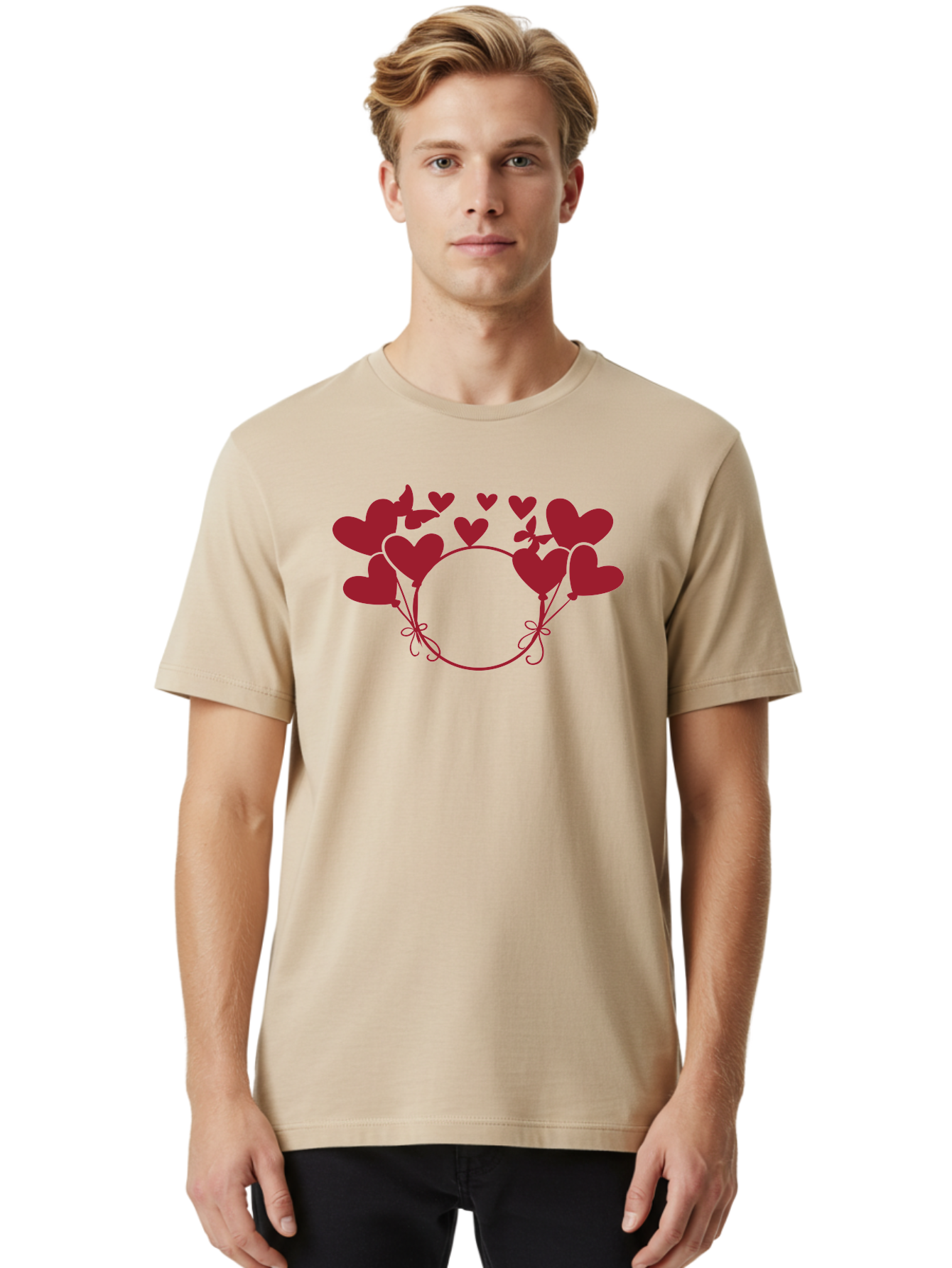Heart-Wreath Men'S Graphic Tee, 100% Cotton, Comfortable Casual Summer Wear, Machine Washable, Heart-Shaped Frame, Floral Wreath, Red Hearts, Love Symbol, Decorative Border, Heart Design, Romantic Theme, Valentines Day Aac810 12