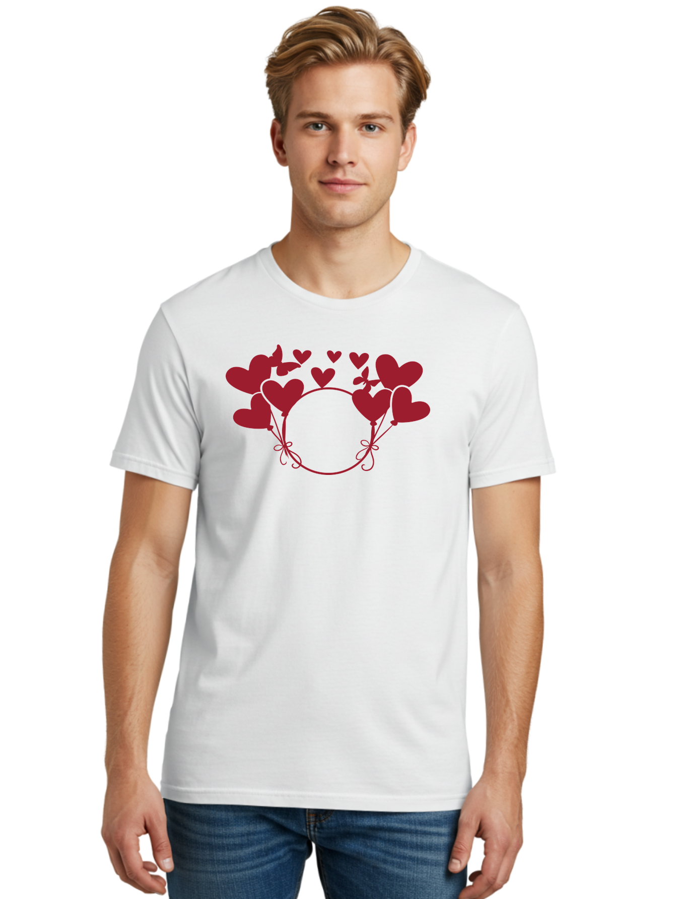 Heart-Wreath Men'S Graphic Tee, 100% Cotton, Comfortable Casual Summer Wear, Machine Washable, Heart-Shaped Frame, Floral Wreath, Red Hearts, Love Symbol, Decorative Border, Heart Design, Romantic Theme, Valentines Day Aac810 22