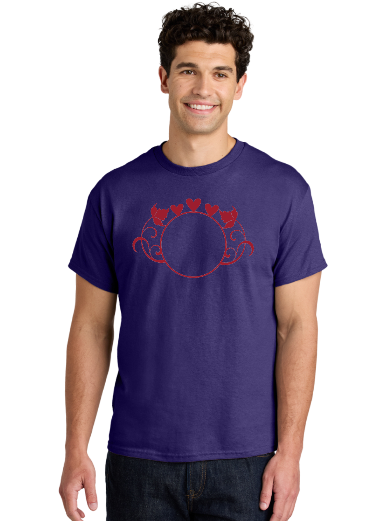 Hearts-And-Leaves-Circle Men'S Graphic Tee, 100% Cotton, Comfortable Casual Summer Wear, Machine Washable, Red Hearts, Leaves, Floral Frame, Decorative Border, Valentines Day Theme, Romantic Design, Elegant Frame, Love Symbol, Heart Shaped, Aac811 22