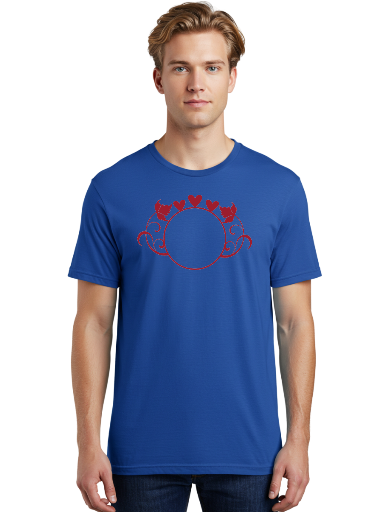 Hearts-And-Leaves-Circle Men'S Graphic Tee, 100% Cotton, Comfortable Casual Summer Wear, Machine Washable, Red Hearts, Leaves, Floral Frame, Decorative Border, Valentines Day Theme, Romantic Design, Elegant Frame, Love Symbol, Heart Shaped, Aac811 10