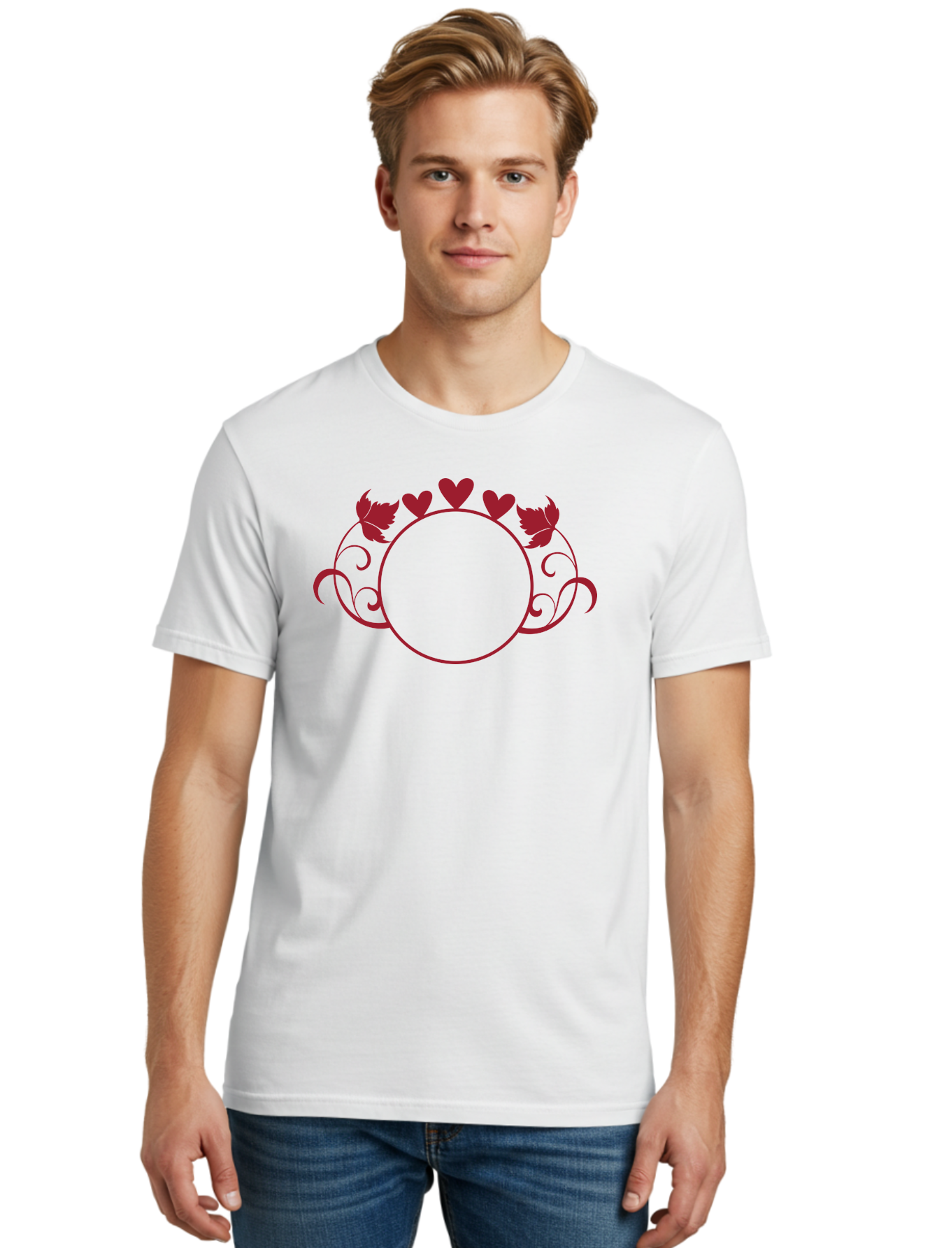 Hearts-And-Leaves-Circle Men'S Graphic Tee, 100% Cotton, Comfortable Casual Summer Wear, Machine Washable, Red Hearts, Leaves, Floral Frame, Decorative Border, Valentines Day Theme, Romantic Design, Elegant Frame, Love Symbol, Heart Shaped, Aac811 24