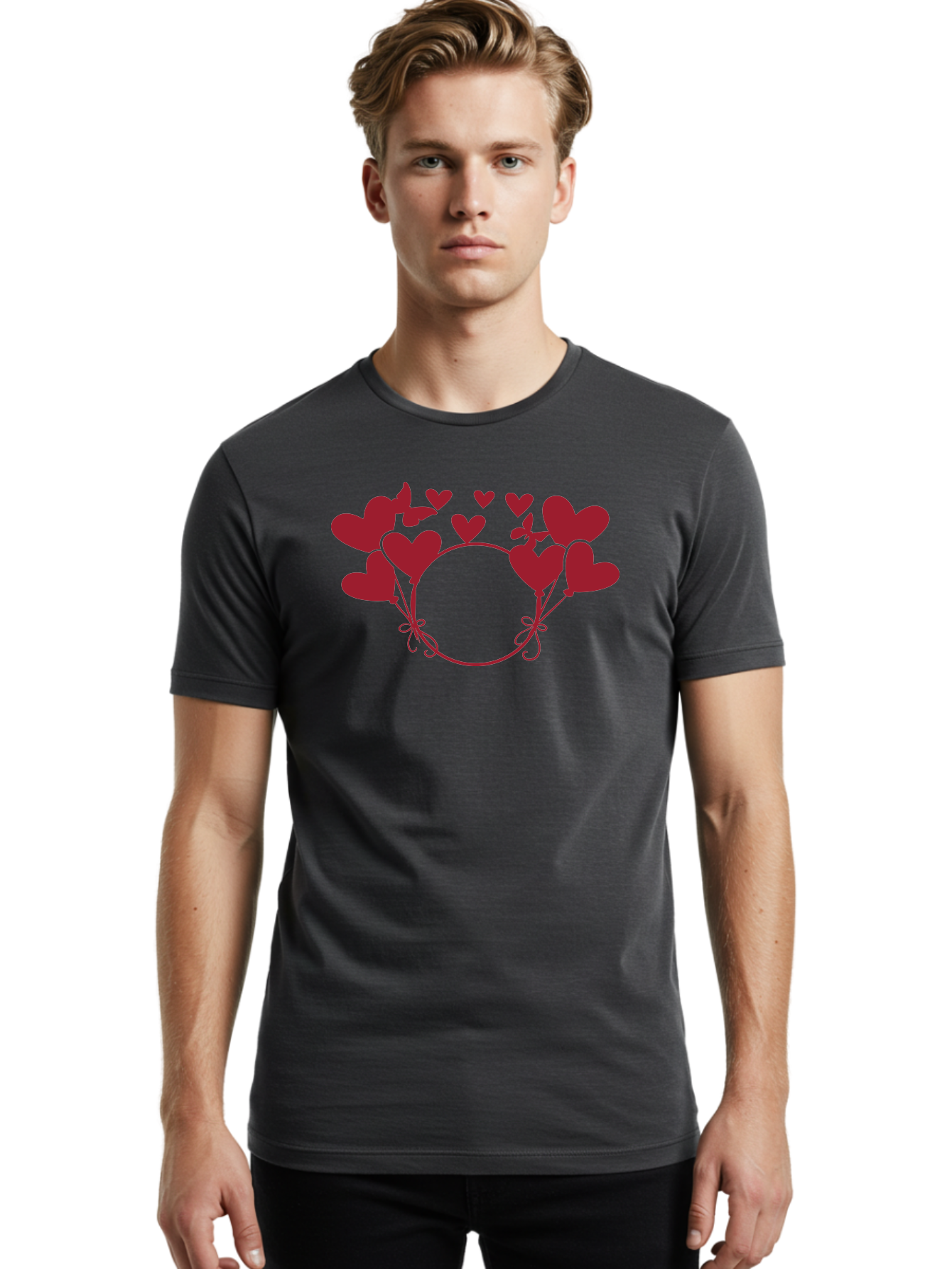 Hearts-Wreath Men'S Graphic Tee, 100% Cotton, Comfortable Casual Summer Wear, Machine Washable, Heart Shaped Frame, Floral Frame, Red Hearts, Heart Decoration, Valentines Day Decor, Love Theme, Heart Shaped Flowers, Decorative Frame, Aac813 16