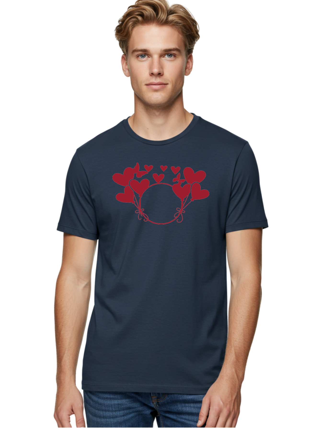 Hearts-Wreath Men'S Graphic Tee, 100% Cotton, Comfortable Casual Summer Wear, Machine Washable, Heart Shaped Frame, Floral Frame, Red Hearts, Heart Decoration, Valentines Day Decor, Love Theme, Heart Shaped Flowers, Decorative Frame, Aac813 10