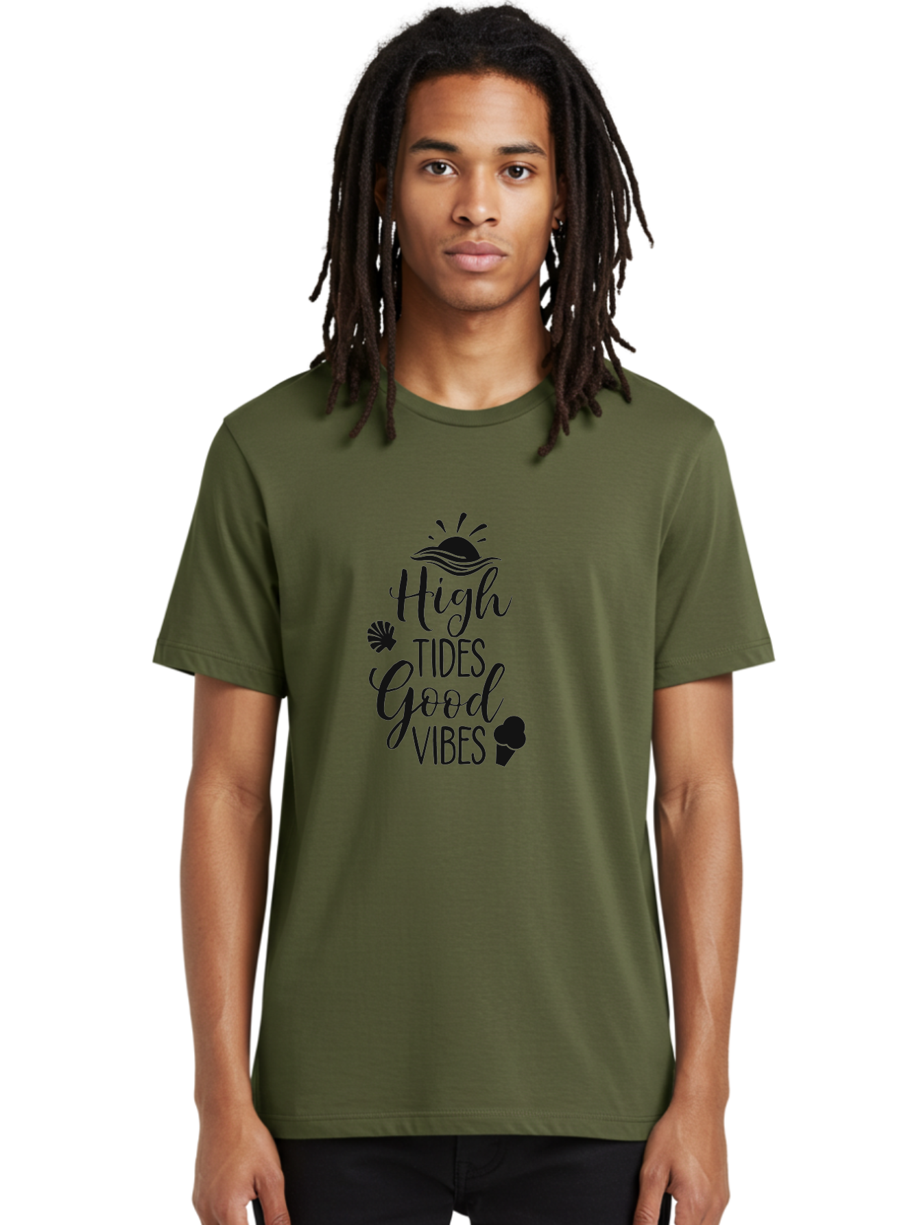 High-Tides-Good-Vibes Men'S Graphic Tee, 100% Cotton, Comfortable Casual Summer Wear, Machine Washable, Ocean Inspiration, Beach Vibes, Good Energy, Sea Shells, Positive Affirmations, Coastal Lifestyle, Motivational Quotes, Summer Vibes Aac819 20