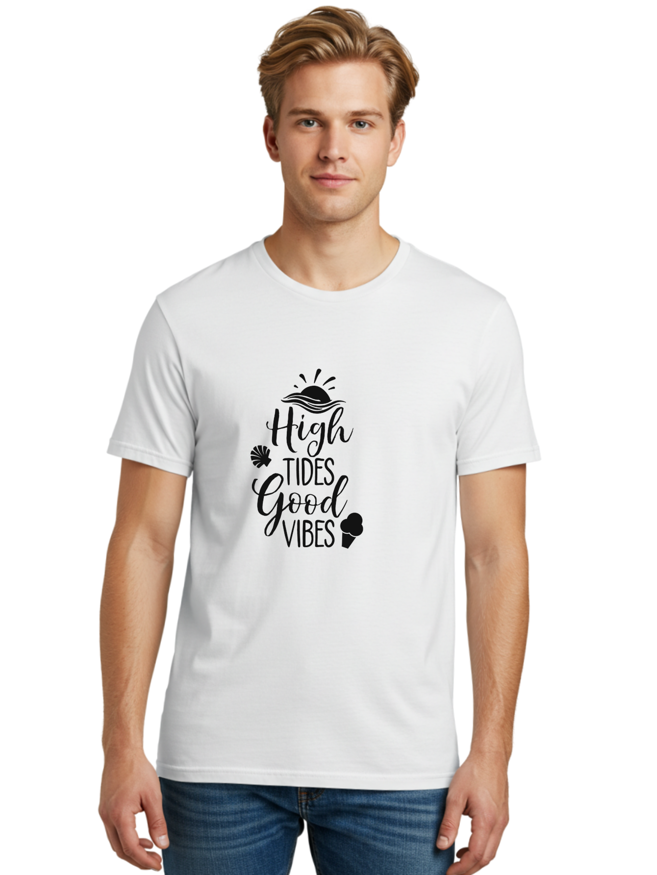 High-Tides-Good-Vibes Men'S Graphic Tee, 100% Cotton, Comfortable Casual Summer Wear, Machine Washable, Ocean Inspiration, Beach Vibes, Good Energy, Sea Shells, Positive Affirmations, Coastal Lifestyle, Motivational Quotes, Summer Vibes Aac819 26