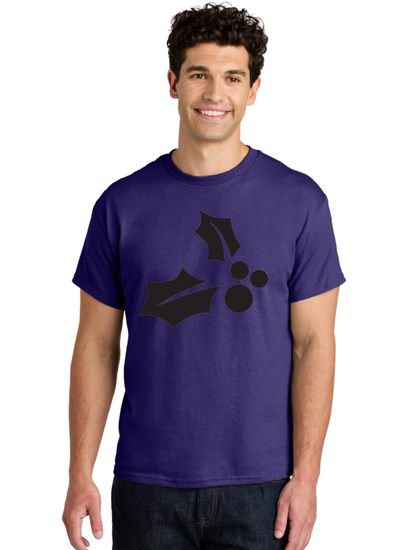 Holly-Leaves-And-Berries Men'S Graphic Tee, 100% Cotton, Comfortable Casual Summer Wear, Machine Washable, Holiday Holly, Christmas Leaves, Festive Berries, Black Silhouette, Minimalist Design, Winter Decor, Seasonal Graphics Aac823 4