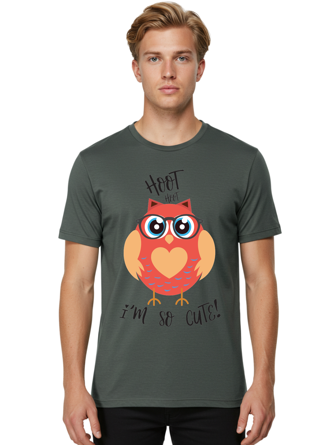 Hoot-Hoot-Owl Men'S Graphic Tee, 100% Cotton, Comfortable Casual Summer Wear, Machine Washable, Cartoon Owl, Heart-Shaped Chest, Glasses, Big Eyes, Cute Animal, Funny Illustration, Whimsical Design, Hoot Hoot, Adorable Creature, Aac827 22