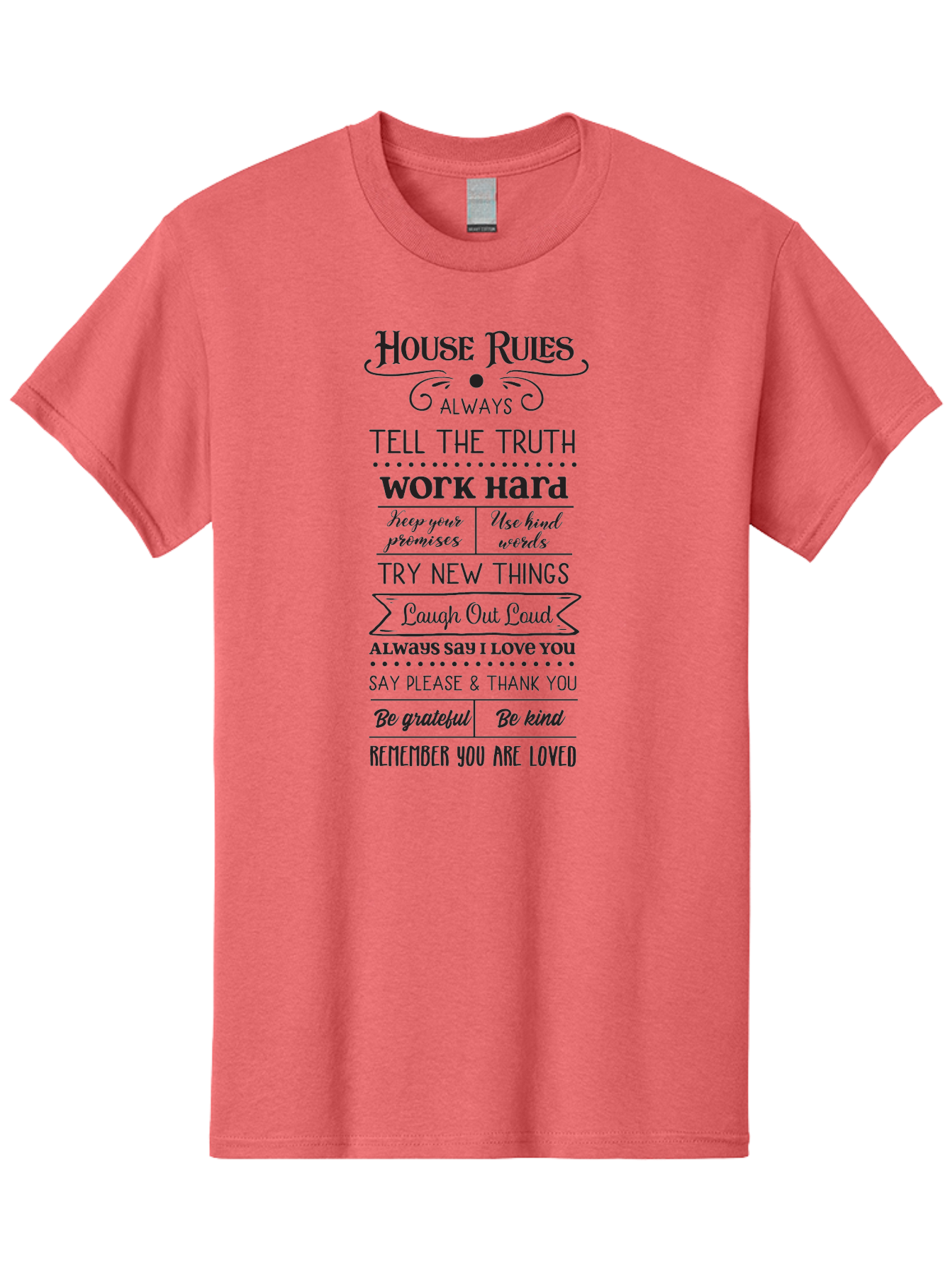 House-Rules-2 Men'S Graphic Tee, 100% Cotton, Comfortable Casual Summer Wear, Machine Washable, Positive Affirmations, House Rules, Inspirational Quotes, Motivational Phrases, Be Kind, Be Grateful, Tell The Truth, Work Hard, Keep Promises, Aac831 13