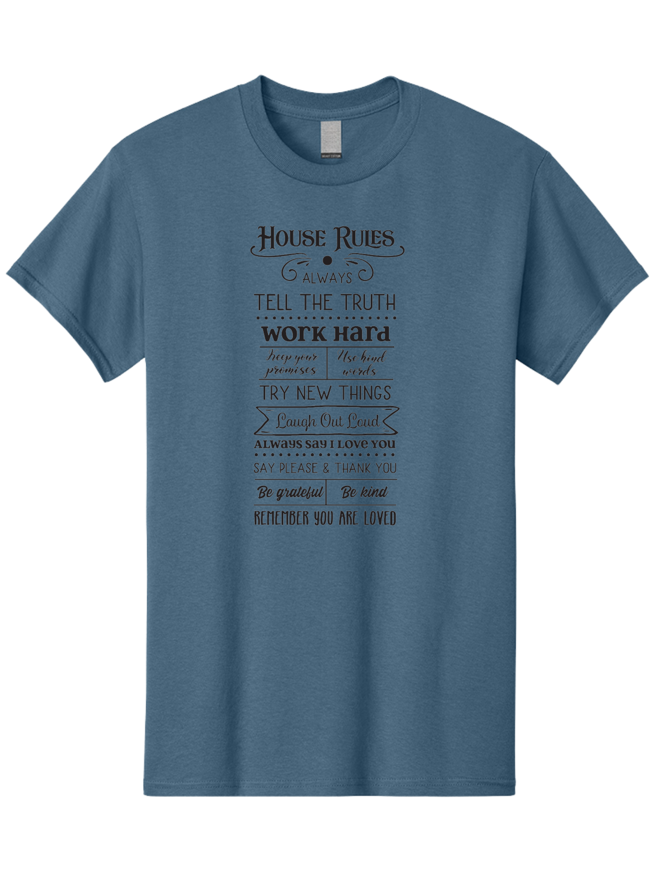 House-Rules-2 Men'S Graphic Tee, 100% Cotton, Comfortable Casual Summer Wear, Machine Washable, Positive Affirmations, House Rules, Inspirational Quotes, Motivational Phrases, Be Kind, Be Grateful, Tell The Truth, Work Hard, Keep Promises, Aac831 1