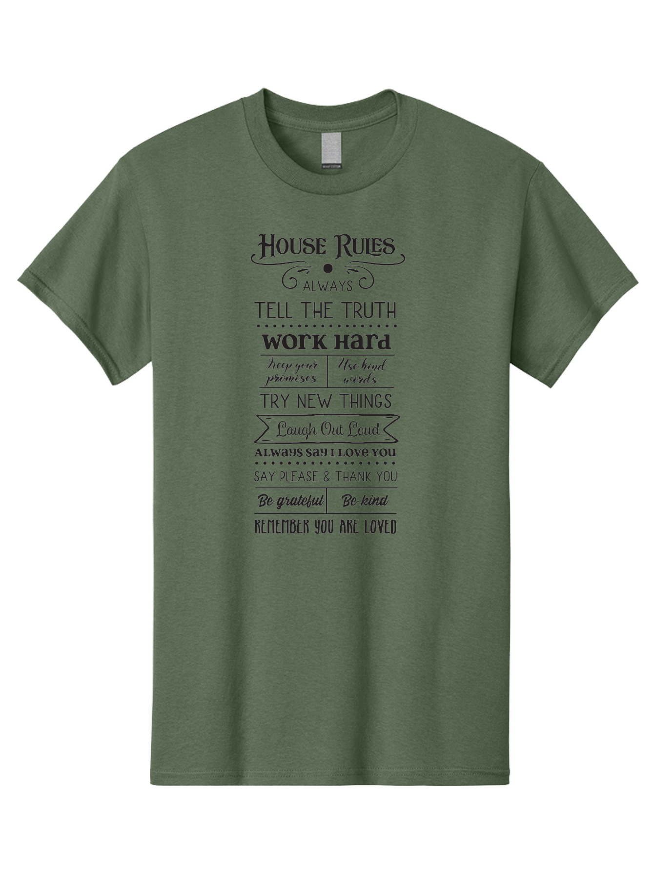 House-Rules-2 Men'S Graphic Tee, 100% Cotton, Comfortable Casual Summer Wear, Machine Washable, Positive Affirmations, House Rules, Inspirational Quotes, Motivational Phrases, Be Kind, Be Grateful, Tell The Truth, Work Hard, Keep Promises, Aac831 5