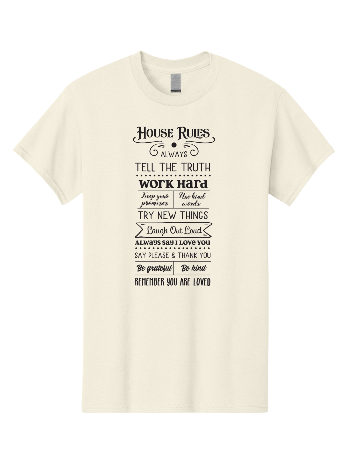 House-Rules-2 Men'S Graphic Tee, 100% Cotton, Comfortable Casual Summer Wear, Machine Washable, Positive Affirmations, House Rules, Inspirational Quotes, Motivational Phrases, Be Kind, Be Grateful, Tell The Truth, Work Hard, Keep Promises, Aac831 27