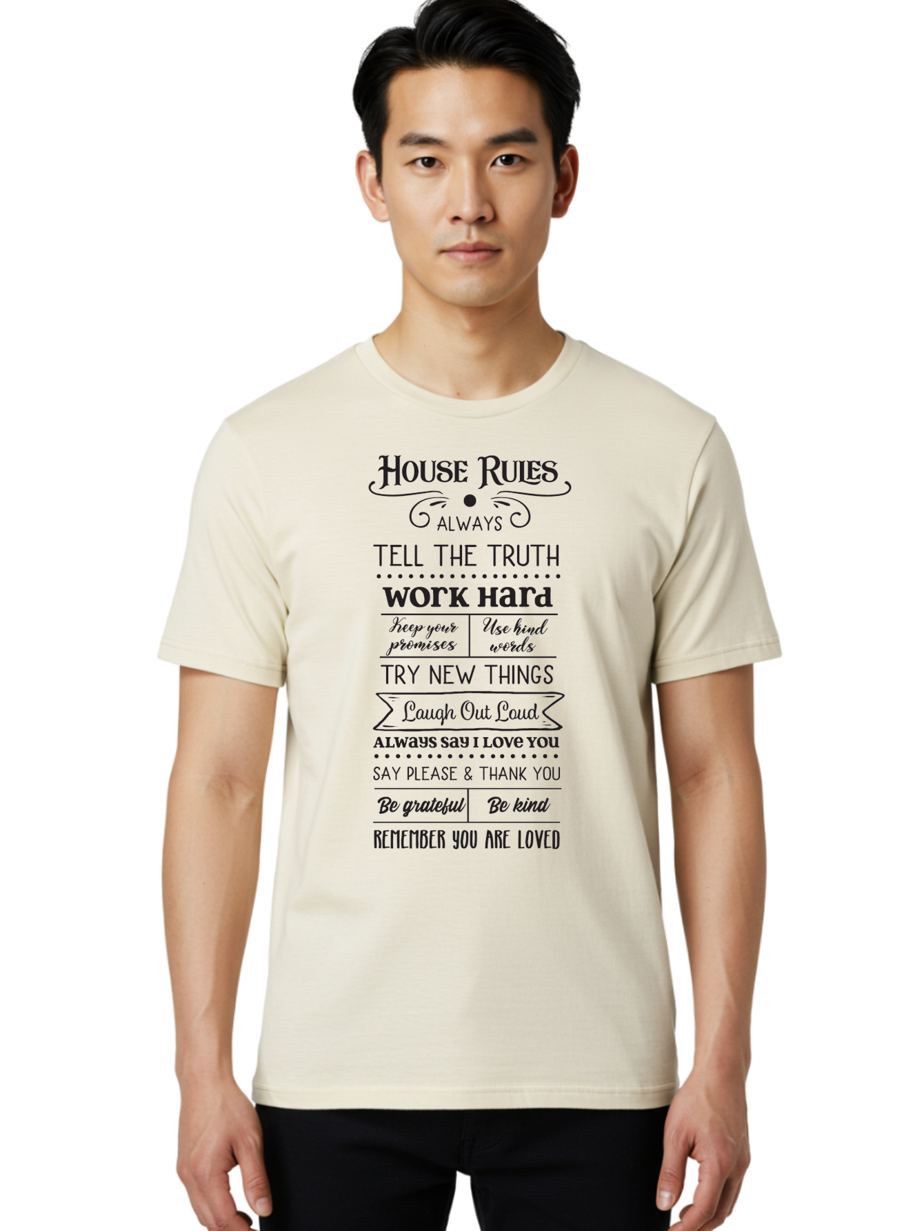 House-Rules-2 Men'S Graphic Tee, 100% Cotton, Comfortable Casual Summer Wear, Machine Washable, Positive Affirmations, House Rules, Inspirational Quotes, Motivational Phrases, Be Kind, Be Grateful, Tell The Truth, Work Hard, Keep Promises, Aac831 28