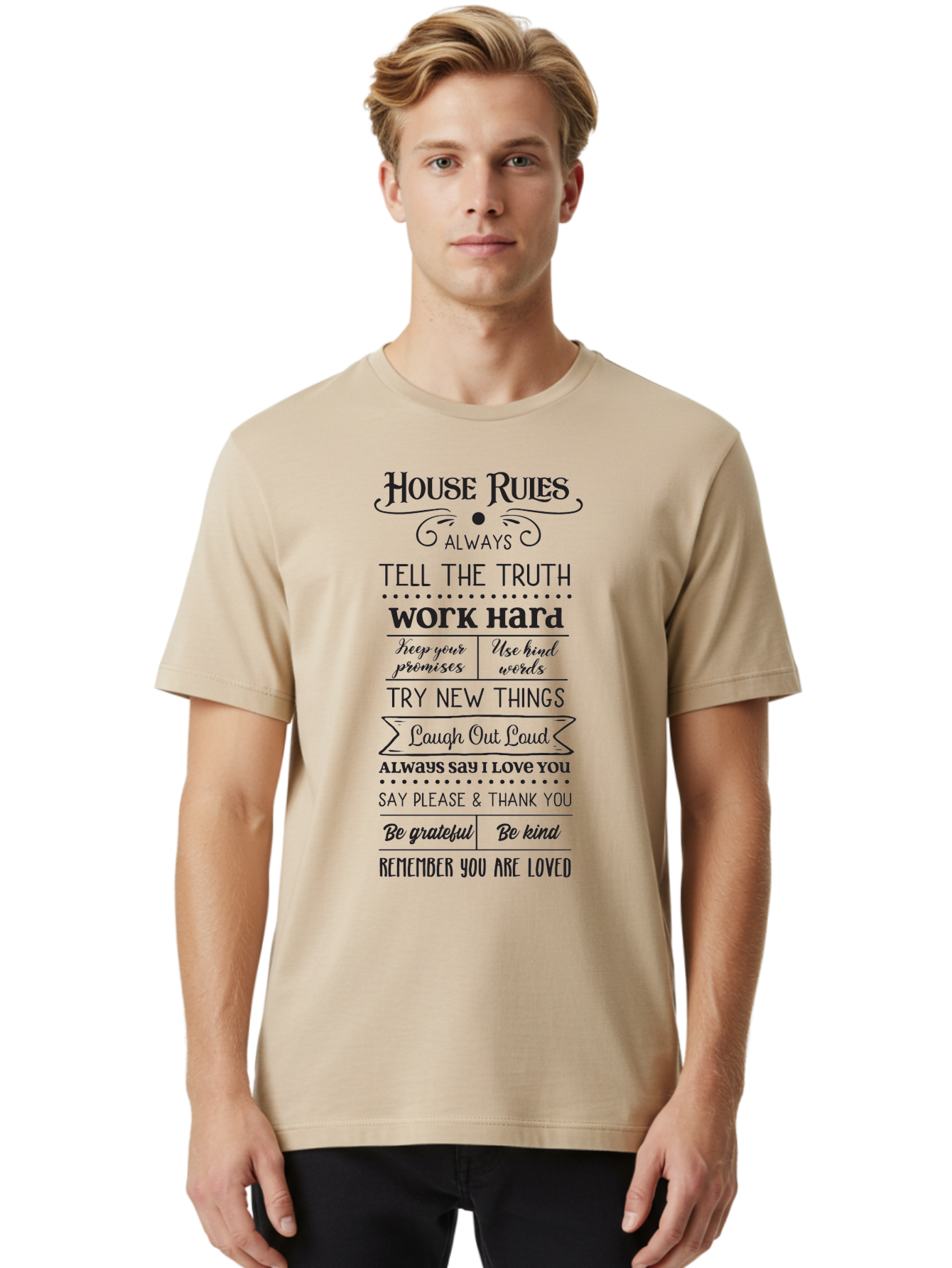House-Rules-2 Men'S Graphic Tee, 100% Cotton, Comfortable Casual Summer Wear, Machine Washable, Positive Affirmations, House Rules, Inspirational Quotes, Motivational Phrases, Be Kind, Be Grateful, Tell The Truth, Work Hard, Keep Promises, Aac831 16