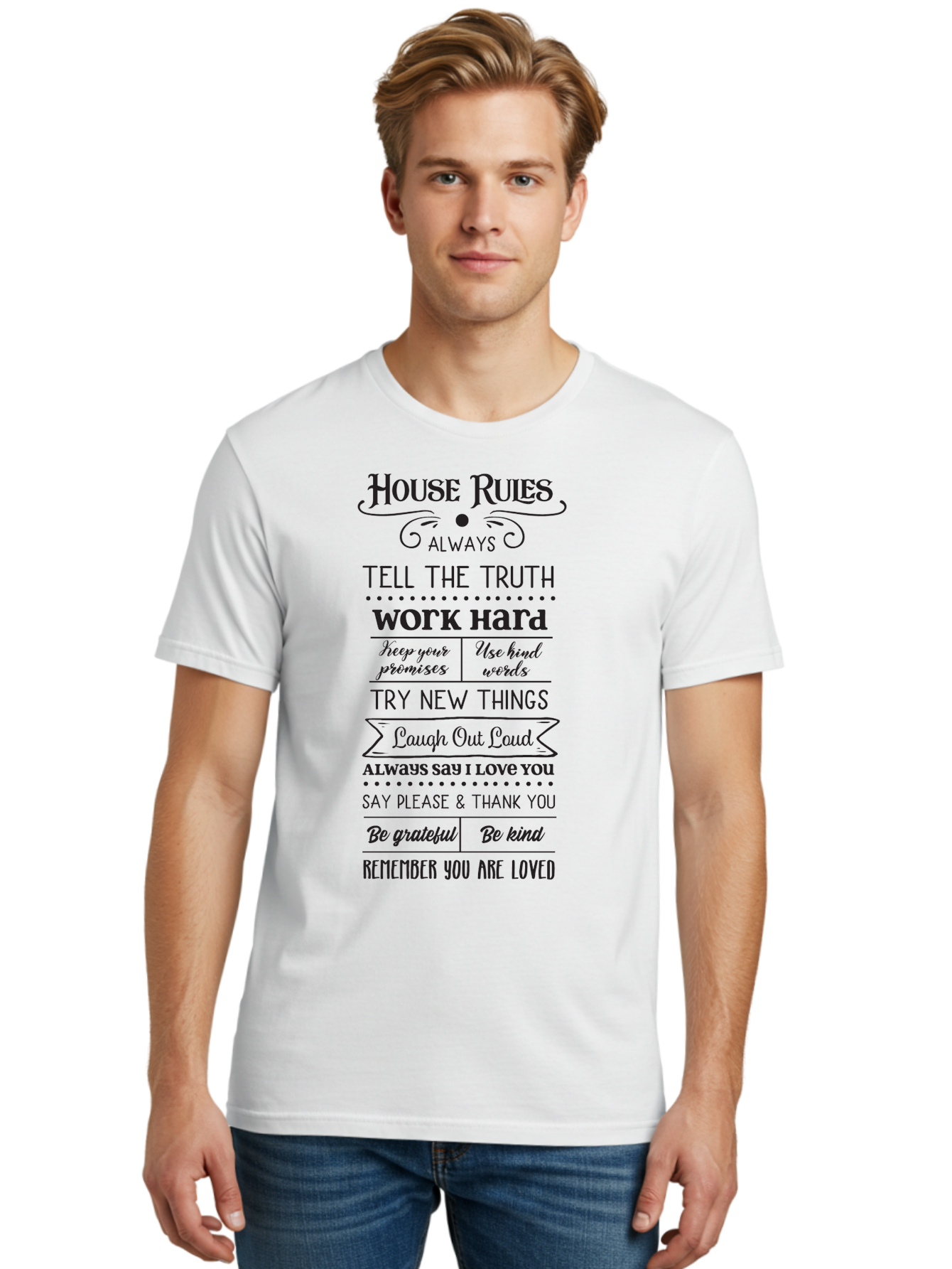 House-Rules-2 Men'S Graphic Tee, 100% Cotton, Comfortable Casual Summer Wear, Machine Washable, Positive Affirmations, House Rules, Inspirational Quotes, Motivational Phrases, Be Kind, Be Grateful, Tell The Truth, Work Hard, Keep Promises, Aac831 10