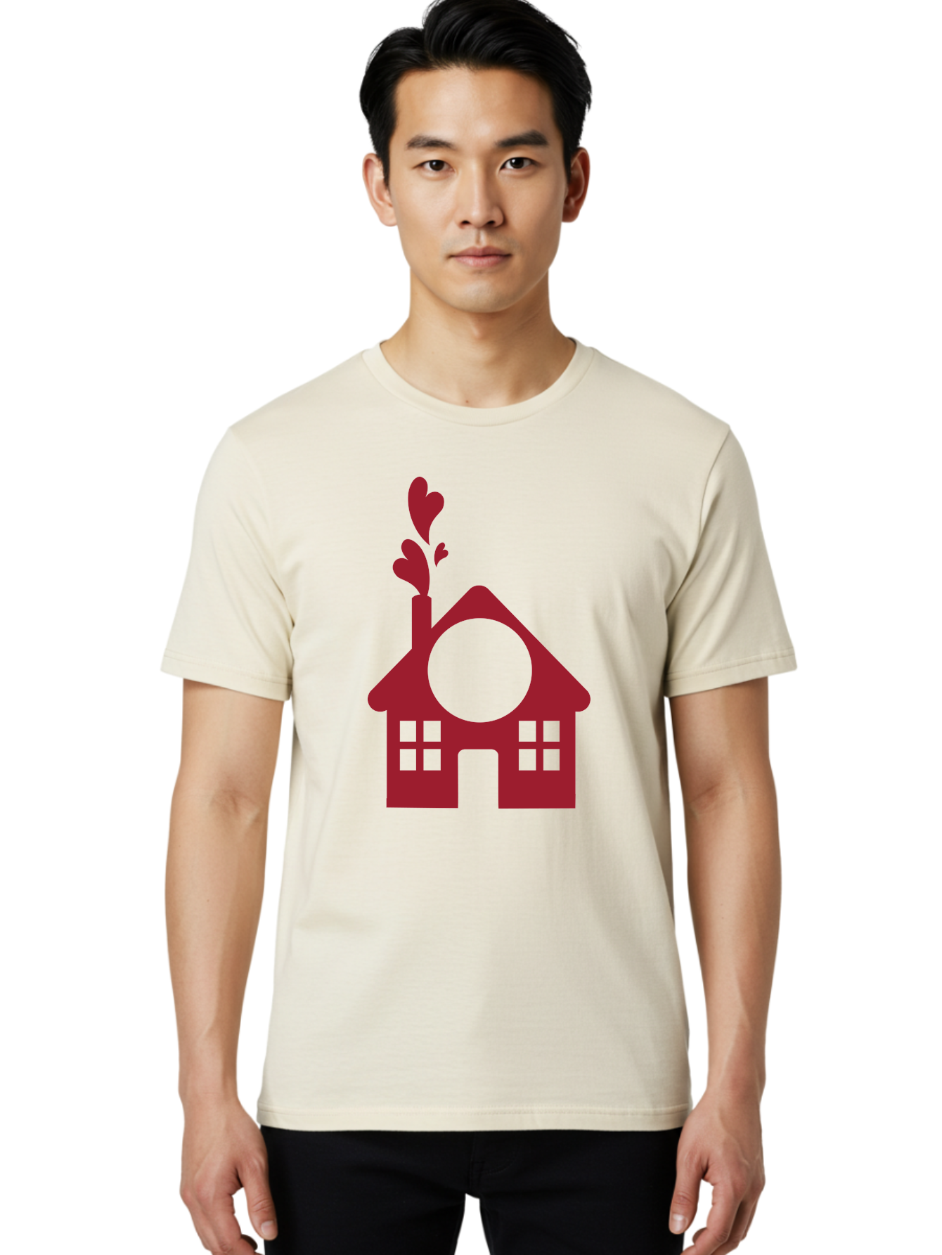 House-With-Heart-Chimney Men'S Graphic Tee, 100% Cotton, Comfortable Casual Summer Wear, Machine Washable, Stylized House, Heart-Shaped Chimney, Red Silhouette, Love Symbol, Cozy Home, Heart-Themed Decor, Minimalist Design, Aac833 2