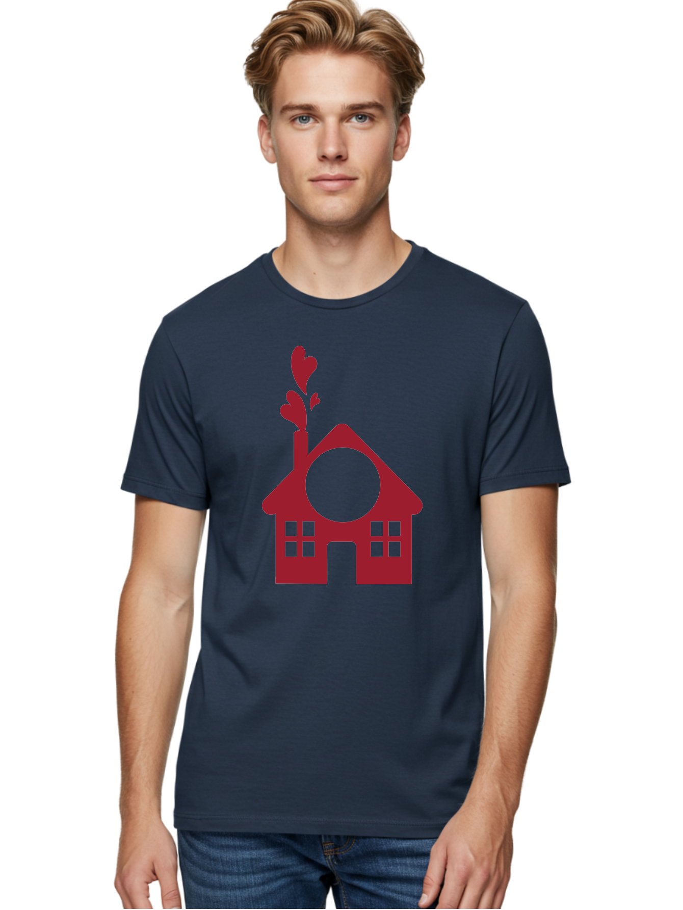 House-With-Heart-Chimney Men'S Graphic Tee, 100% Cotton, Comfortable Casual Summer Wear, Machine Washable, Stylized House, Heart-Shaped Chimney, Red Silhouette, Love Symbol, Cozy Home, Heart-Themed Decor, Minimalist Design, Aac833 28