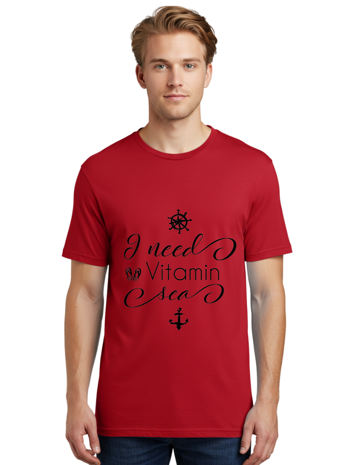 I-Need-Vitamin-Sea Men'S Graphic Tee, 100% Cotton, Comfortable Casual Summer Wear, Machine Washable, Nautical Theme, Ocean Inspiration, Beachy Vibes, Inspirational Quote, Sailing Symbols, Flip Flops, Anchor, Ship'S Wheel Aac872 28