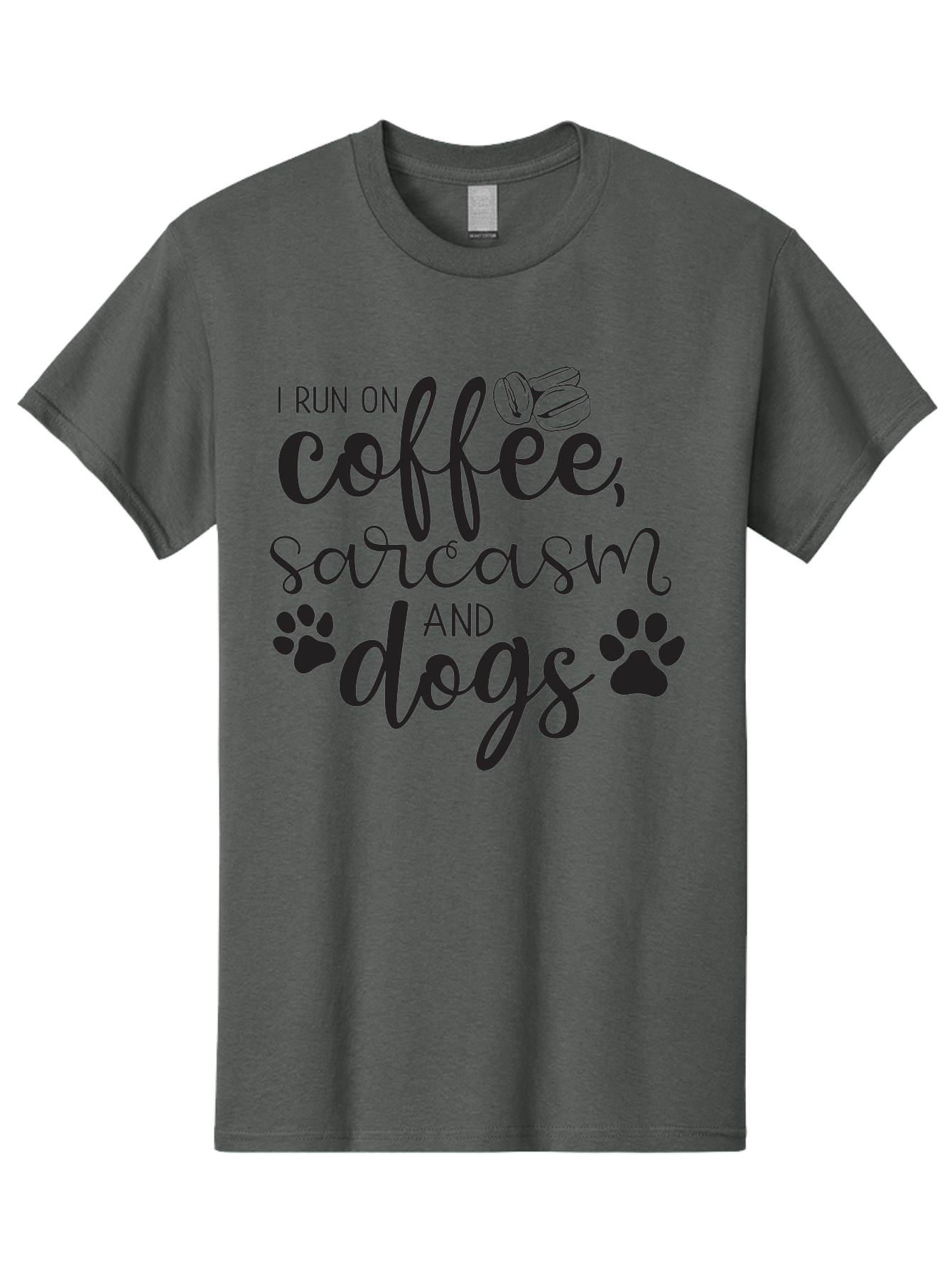 I-Run-On-Coffee-Sarcasm-And-Dogs Men'S Graphic Tee, 100% Cotton, Comfortable Casual Summer Wear, Machine Washable, Funny Quote, Dog Lovers, Coffee Lovers, Sarcastic Humor, Motivational Quotes, Dog Paw Prints, Coffee Beans Aac876 3
