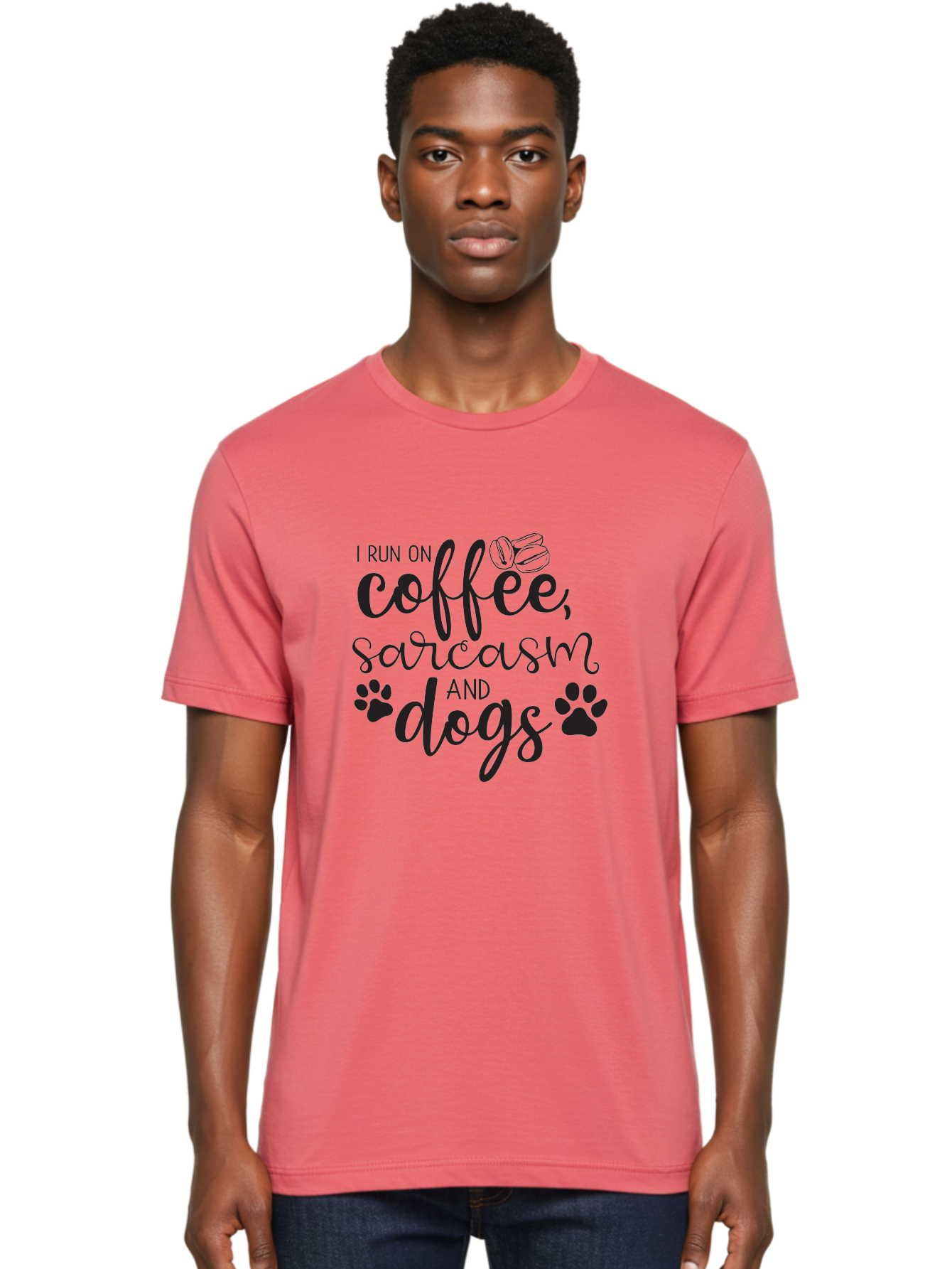 I-Run-On-Coffee-Sarcasm-And-Dogs Men'S Graphic Tee, 100% Cotton, Comfortable Casual Summer Wear, Machine Washable, Funny Quote, Dog Lovers, Coffee Lovers, Sarcastic Humor, Motivational Quotes, Dog Paw Prints, Coffee Beans Aac876 30