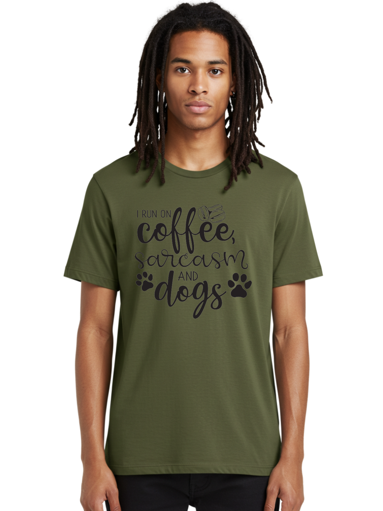 I-Run-On-Coffee-Sarcasm-And-Dogs Men'S Graphic Tee, 100% Cotton, Comfortable Casual Summer Wear, Machine Washable, Funny Quote, Dog Lovers, Coffee Lovers, Sarcastic Humor, Motivational Quotes, Dog Paw Prints, Coffee Beans Aac876 28