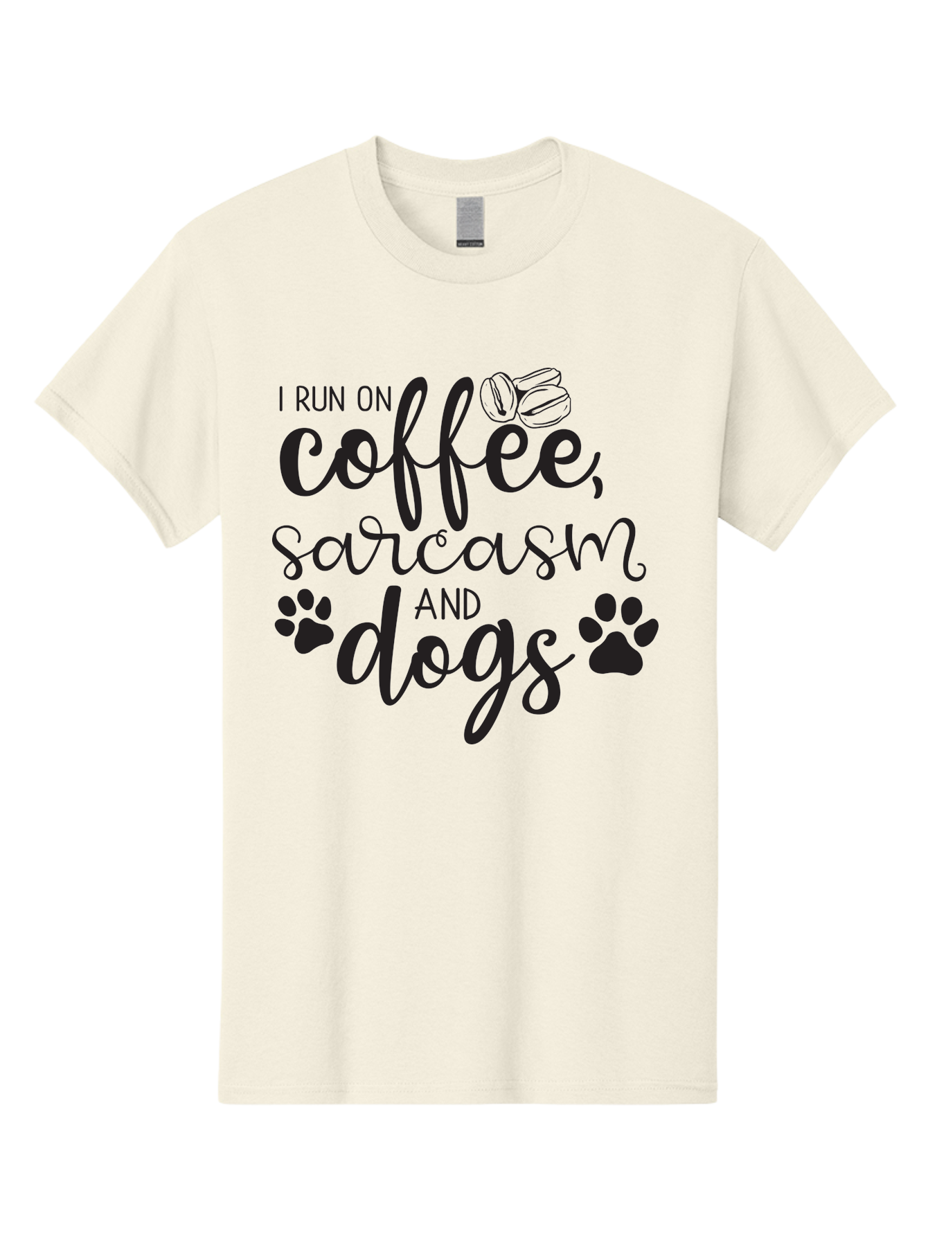 I-Run-On-Coffee-Sarcasm-And-Dogs Men'S Graphic Tee, 100% Cotton, Comfortable Casual Summer Wear, Machine Washable, Funny Quote, Dog Lovers, Coffee Lovers, Sarcastic Humor, Motivational Quotes, Dog Paw Prints, Coffee Beans Aac876 1