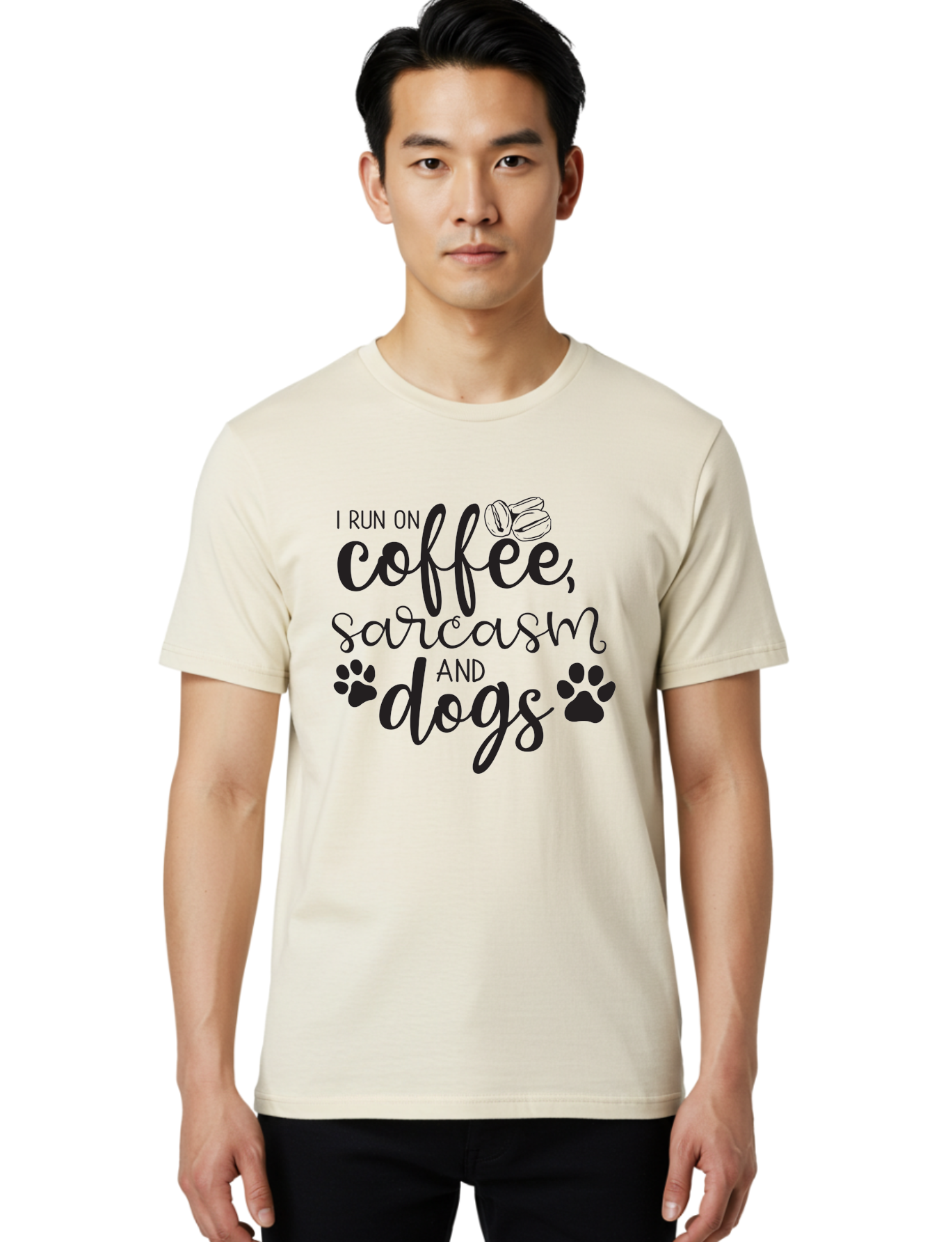 I-Run-On-Coffee-Sarcasm-And-Dogs Men'S Graphic Tee, 100% Cotton, Comfortable Casual Summer Wear, Machine Washable, Funny Quote, Dog Lovers, Coffee Lovers, Sarcastic Humor, Motivational Quotes, Dog Paw Prints, Coffee Beans Aac876 2