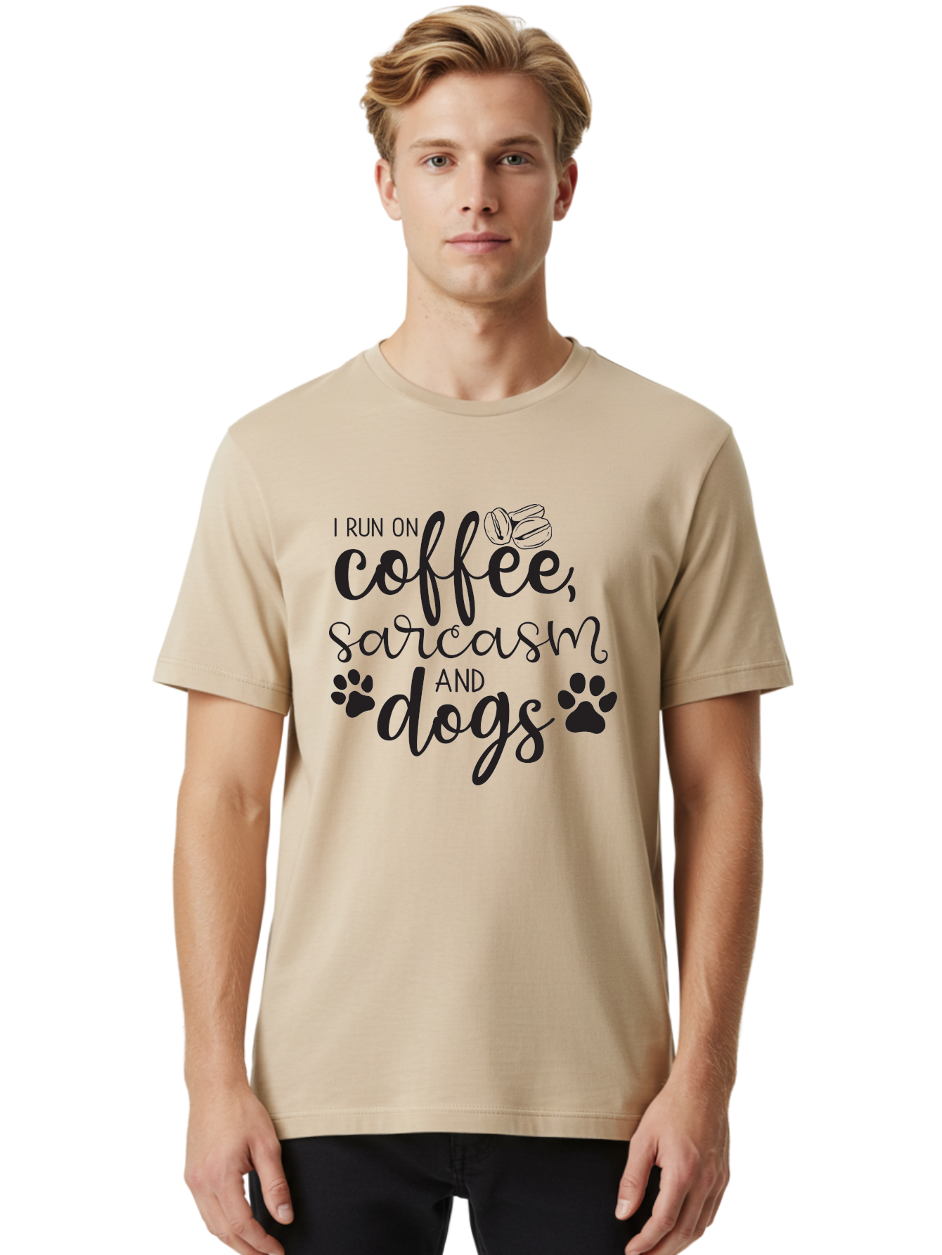 I-Run-On-Coffee-Sarcasm-And-Dogs Men'S Graphic Tee, 100% Cotton, Comfortable Casual Summer Wear, Machine Washable, Funny Quote, Dog Lovers, Coffee Lovers, Sarcastic Humor, Motivational Quotes, Dog Paw Prints, Coffee Beans Aac876 12