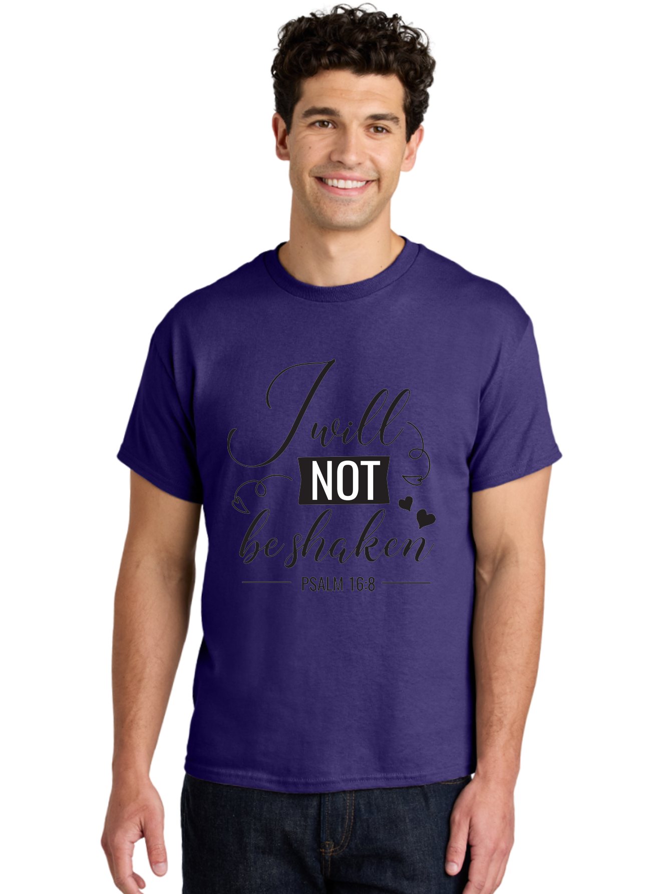 I-Will-Not-Be-Shaken Men'S Graphic Tee, 100% Cotton, Comfortable Casual Summer Wear, Machine Washable, Inspirational Quote, Psalm 16:8, Motivational Phrase, Not Be Shaken, Faith-Based Message, Scripture Quote, Heart Symbols, Typography Design, Aac888 4