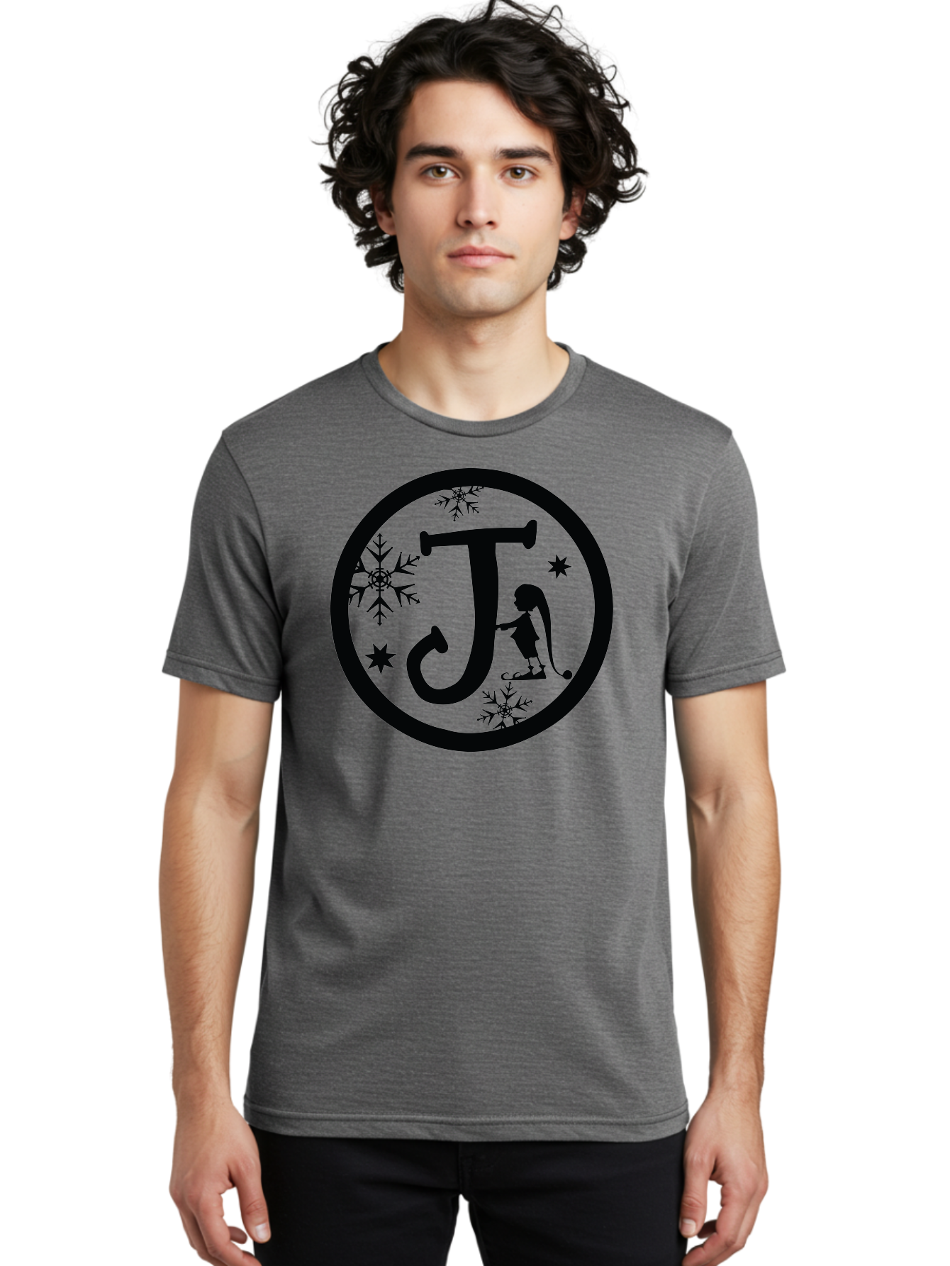 J Men'S Graphic Tee, 100% Cotton, Comfortable Casual Summer Wear, Machine Washable, Girl Playing Hockey, Winter Sports, Ice Hockey, Silhouette Design, Snowflakes, Stars, Letter J, Frosty Atmosphere, Womens Hockey, Youth Hockey Aac906 26