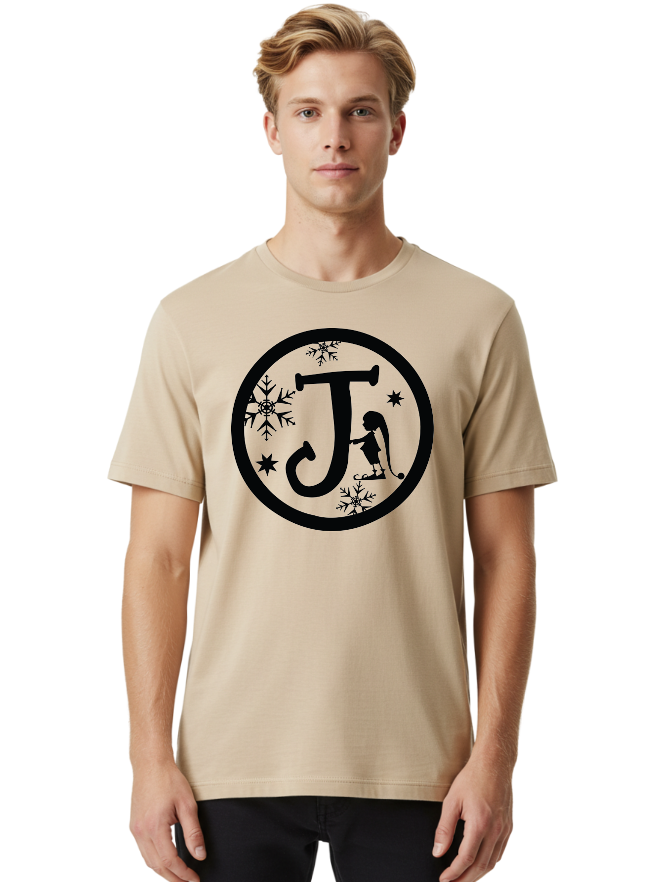 J Men'S Graphic Tee, 100% Cotton, Comfortable Casual Summer Wear, Machine Washable, Girl Playing Hockey, Winter Sports, Ice Hockey, Silhouette Design, Snowflakes, Stars, Letter J, Frosty Atmosphere, Womens Hockey, Youth Hockey Aac906 6