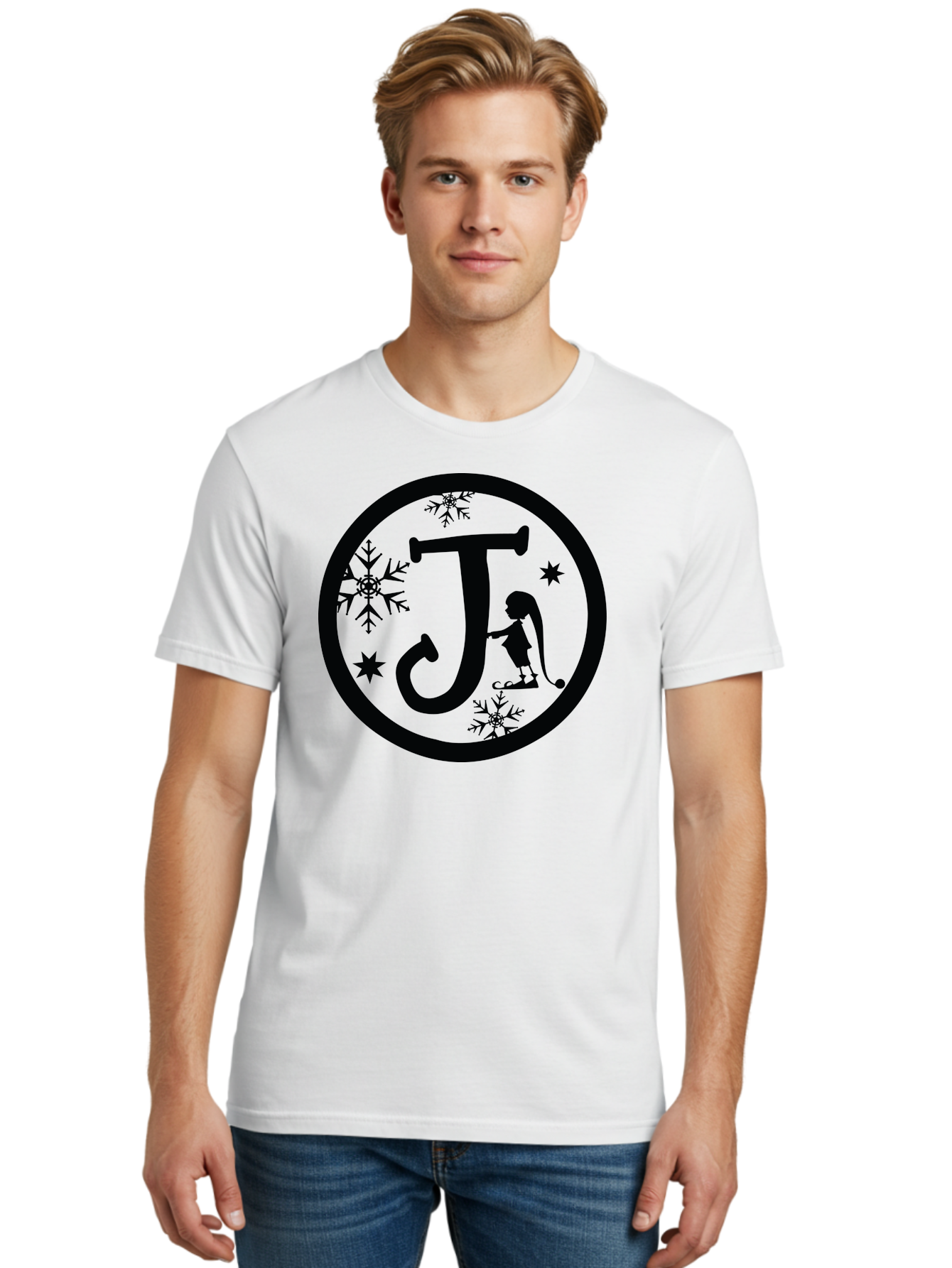 J Men'S Graphic Tee, 100% Cotton, Comfortable Casual Summer Wear, Machine Washable, Girl Playing Hockey, Winter Sports, Ice Hockey, Silhouette Design, Snowflakes, Stars, Letter J, Frosty Atmosphere, Womens Hockey, Youth Hockey Aac906 24