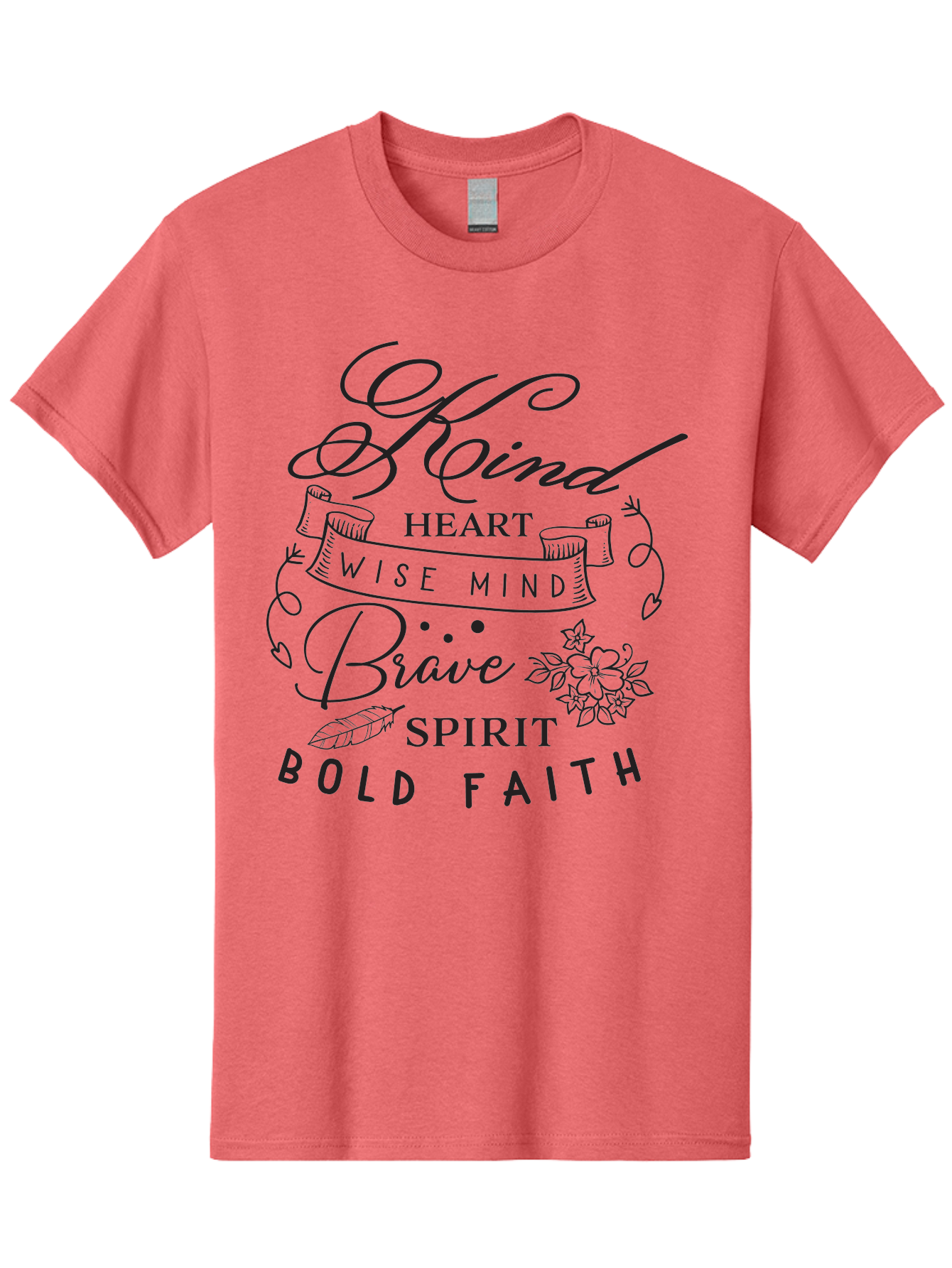 Kind-Heart-Brave-Spirit Men'S Graphic Tee, 100% Cotton, Comfortable Casual Summer Wear, Machine Washable, Inspirational Words, Motivational Quotes, Kind Heart, Wise Mind, Brave Spirit, Bold Faith, Positivity, Empowerment, Floral Elements, Aac918 23