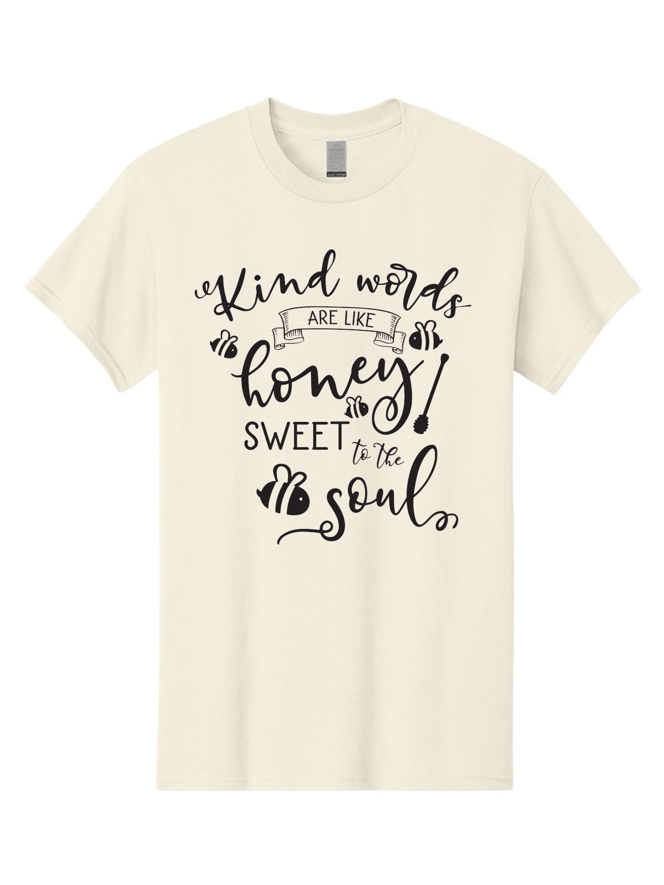 Kind-Words-Are-Like-Honey Men'S Graphic Tee, 100% Cotton, Comfortable Casual Summer Wear, Machine Washable, Inspirational Quote, Kindness, Positive Words, Sweet Soul, Motivational Quote, Black Lettering, Bee Illustrations, Ribbon Banner, Aac920 1